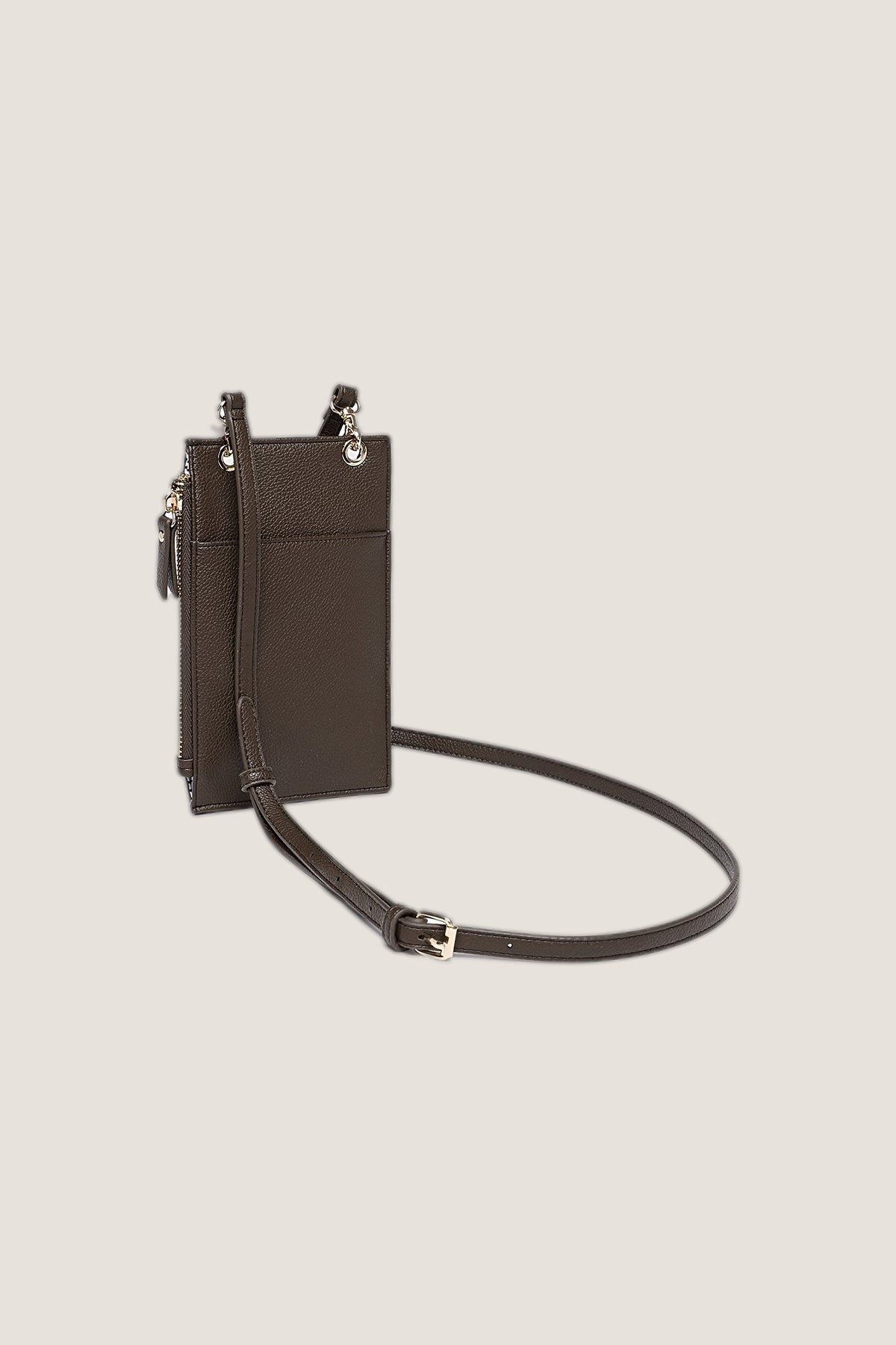 Side view of the Chocolate Suki Phone Crossbody Bag showing the zip pocket along its edge and the adjustable strap.