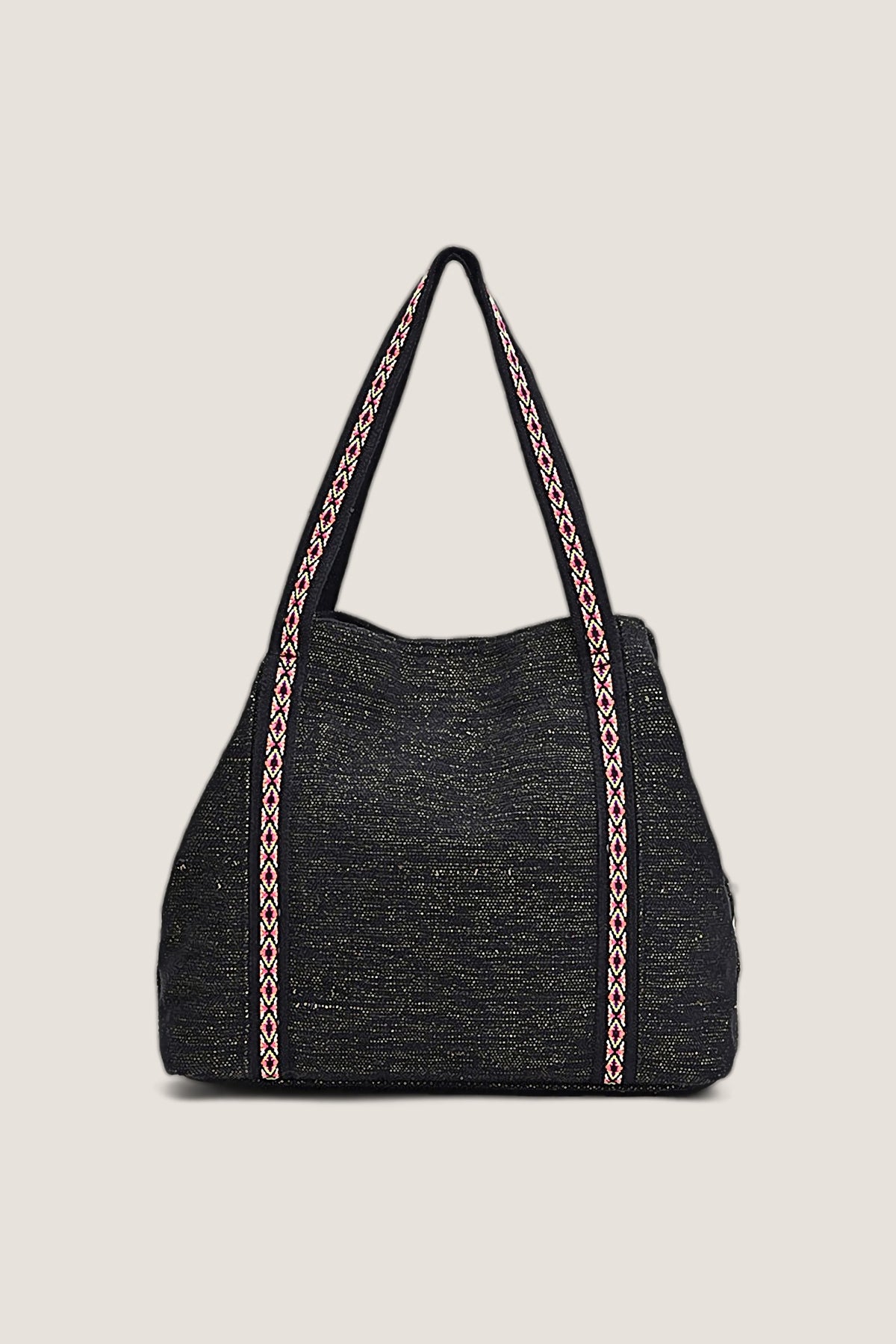 Back view of the Black Triple Entry Embellished Shoulder Bag in plain black woven cotton with its embroidered straps.