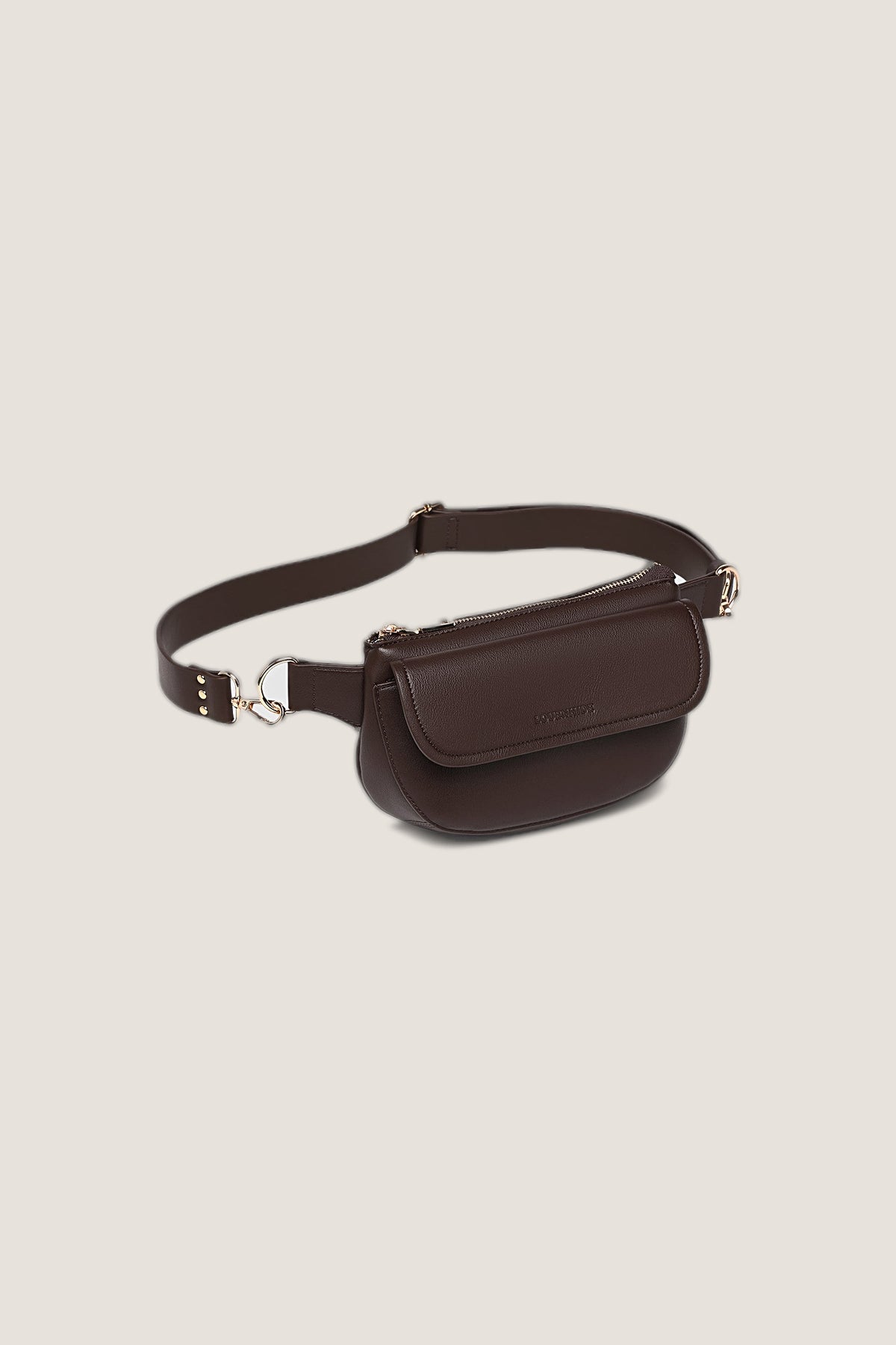 Three-quarter view of the Lola Chocolate Belt Bag showing its curved shape and the belt strap.