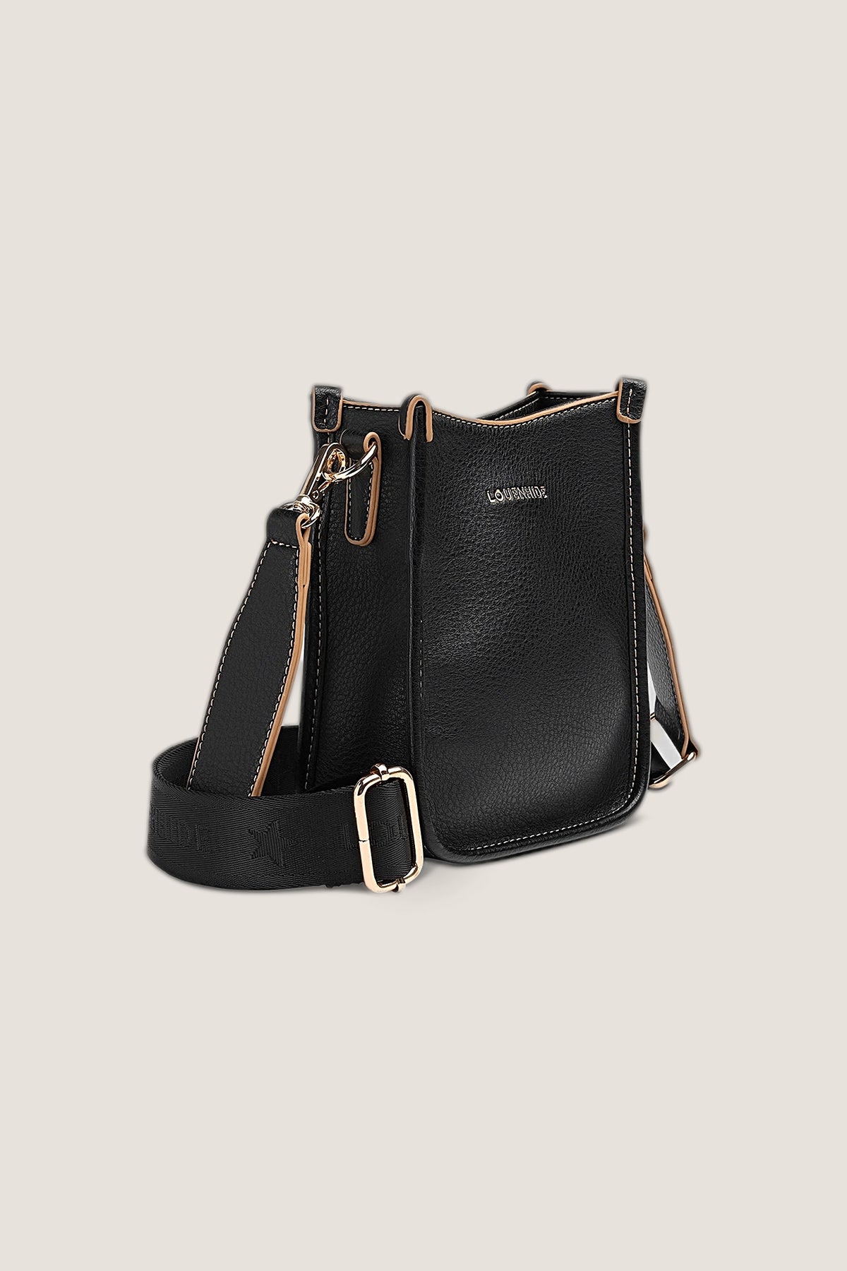 Three-quarter view of the Black Parker Crossbody Bag showing its slim depth and the webbing strap buckle.