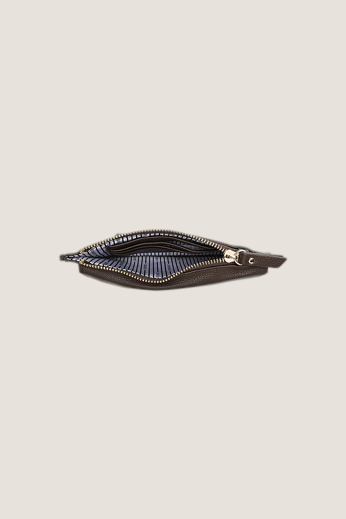 The zip compartment of the Chocolate Suki Phone Crossbody Bag opened from above, showing the card slots and striped lining.