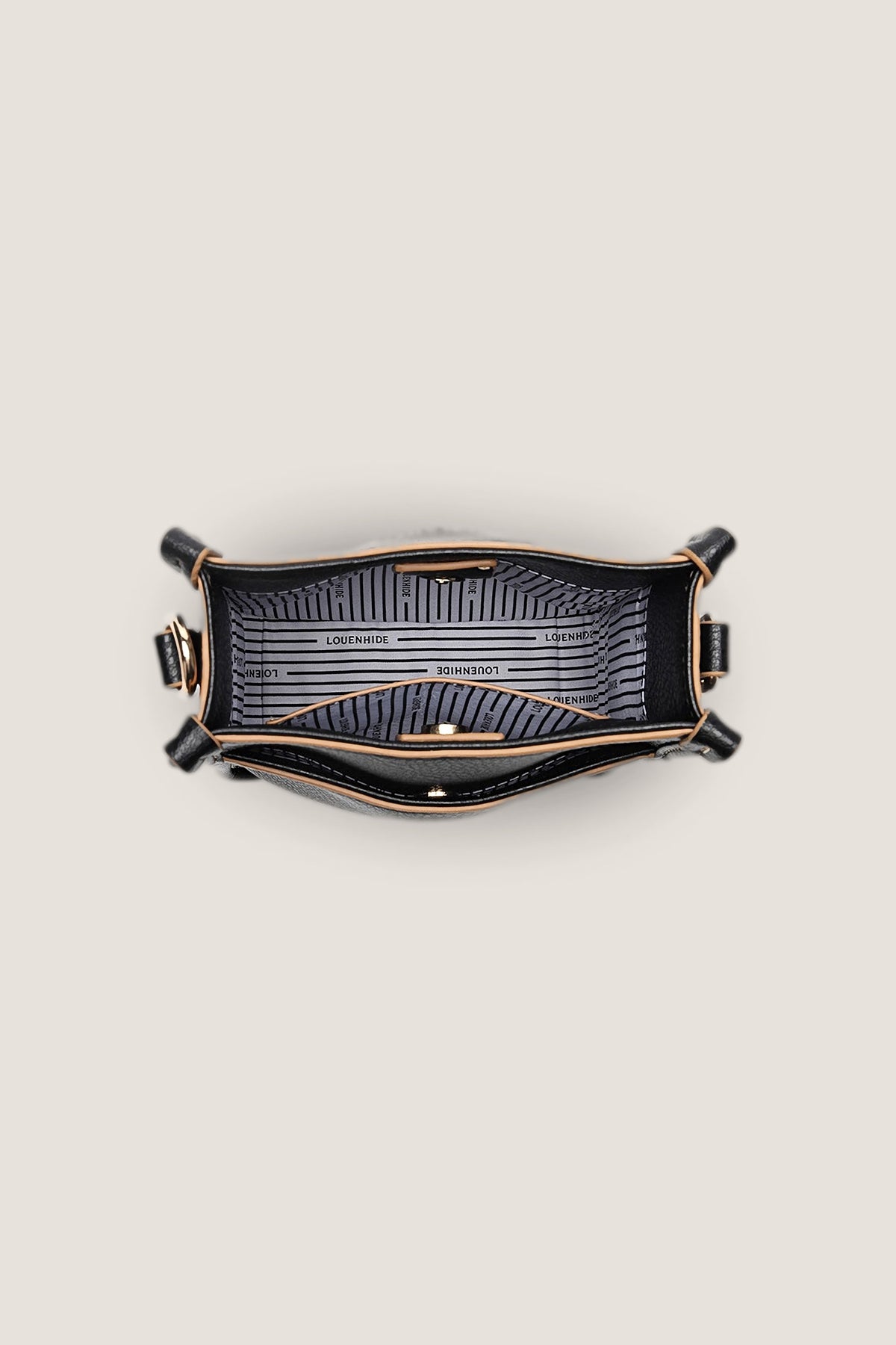 The Black Parker Crossbody Bag opened from above, showing the striped lining and inside pocket.