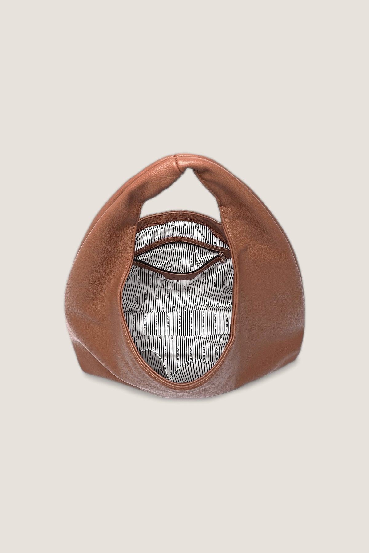 The Monaco Toffee Shoulder Bag opened from above, showing the grey lining and interior pocket.