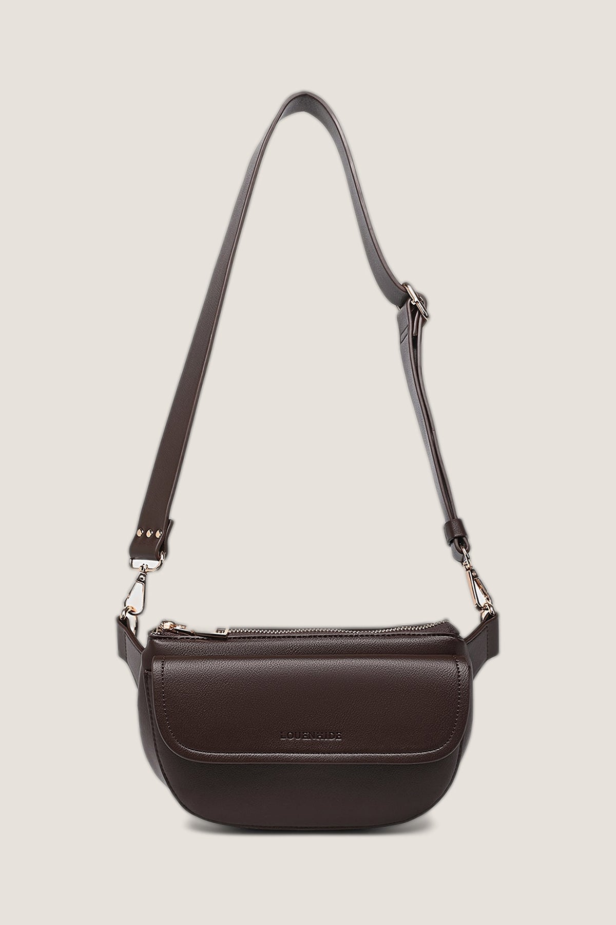 The Lola Chocolate Belt Bag hanging from its adjustable strap at full length.