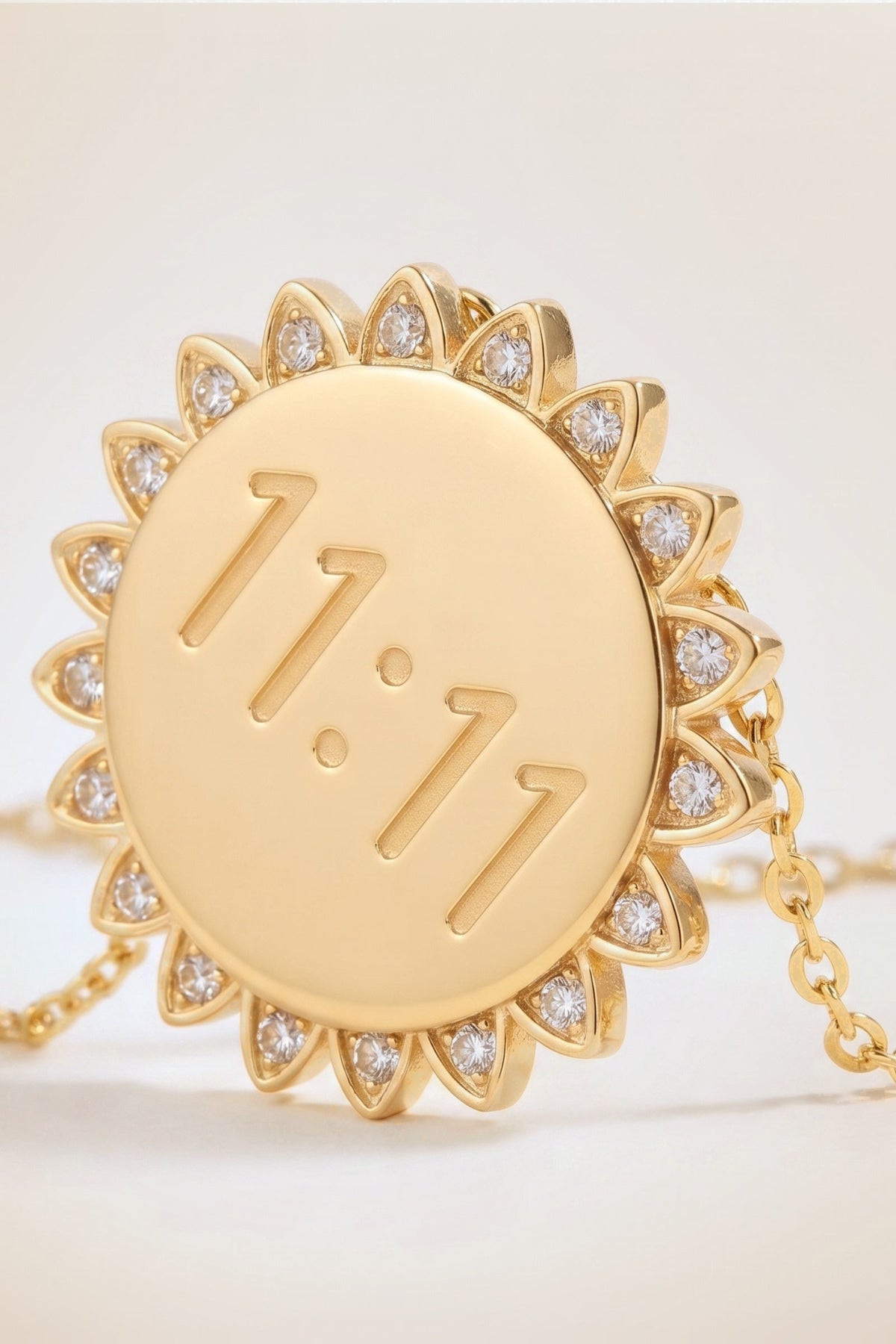 Close-up of the 11:11 Sun Pendant Necklace – 14K Gold Plated