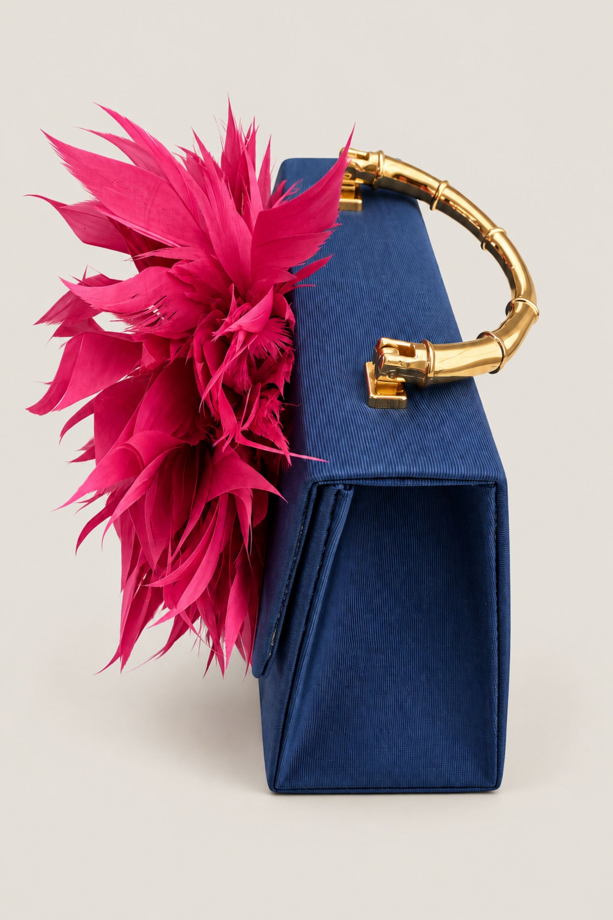 Navy Blue Lulu Clutch with Fuschia Feather Plume