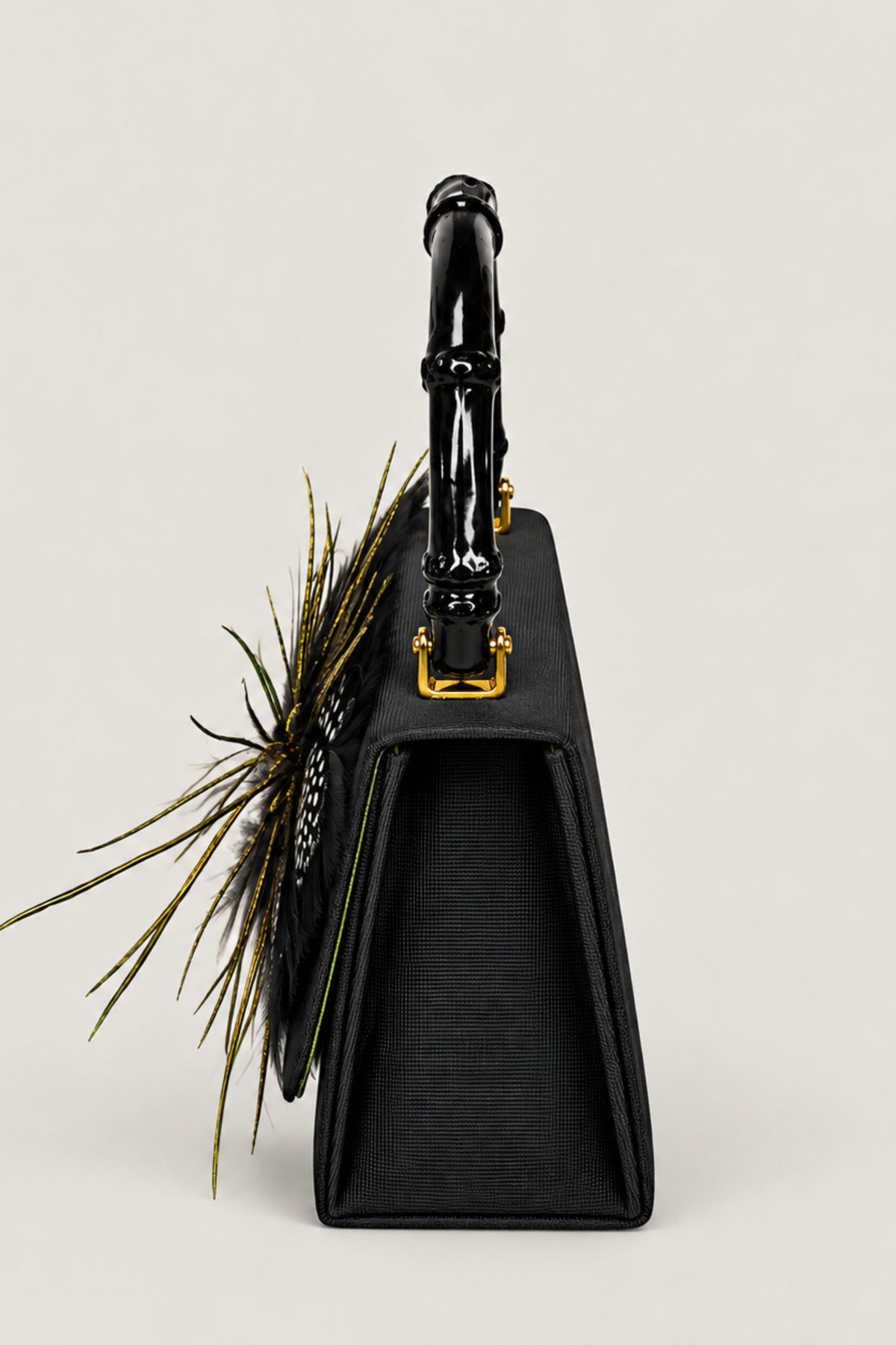 Black Lulu Clutch with Gold Feather Flecks and Black Handle