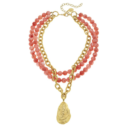 Gold Oyster and Coral Necklace