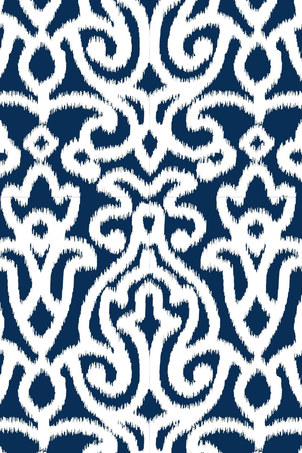 Close-up of the navy and white arabesque print.