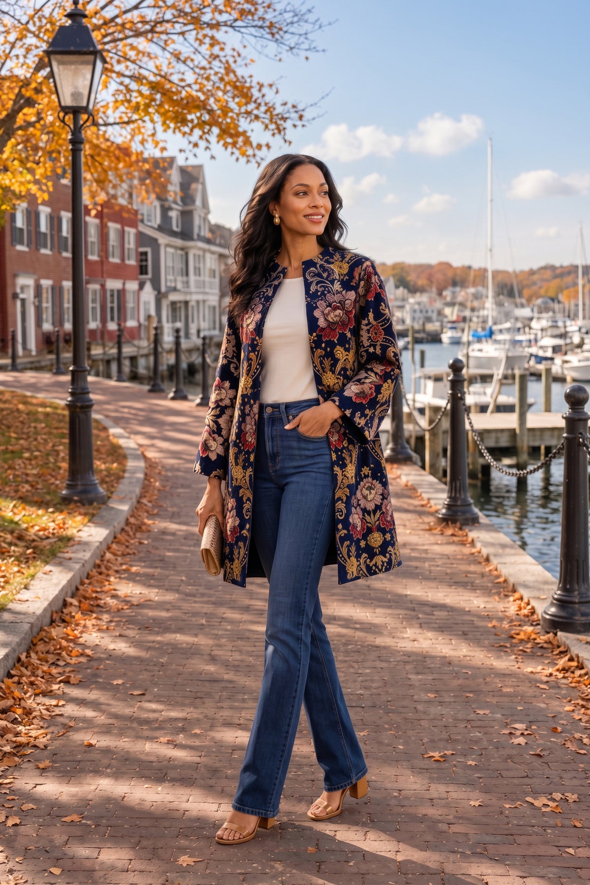 A woman stands on a brick waterfront walkway wearing a long floral print jacket over a white top and blue jeans, with tan heeled sandals and holding a small clutch.