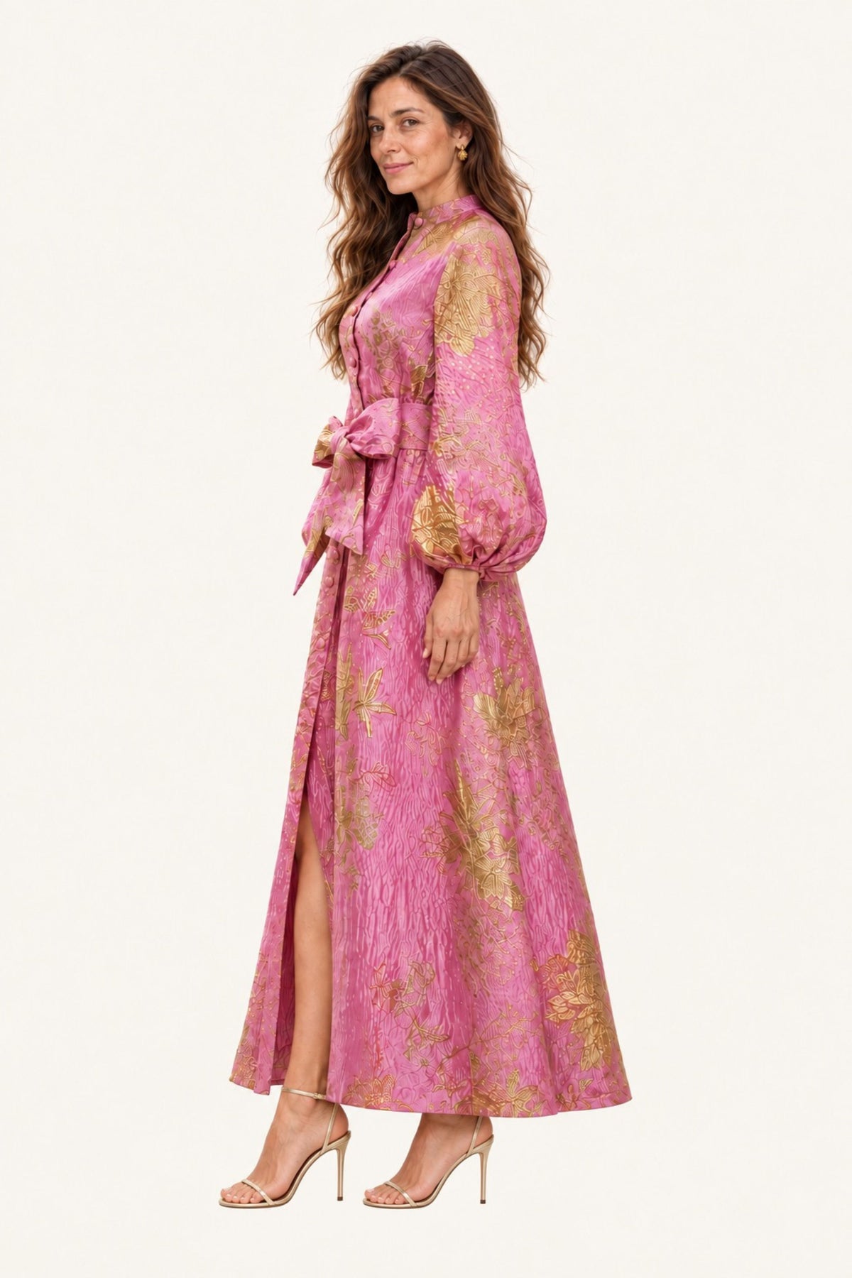 Pink & Gold Floral Brocade Maxi Dress
