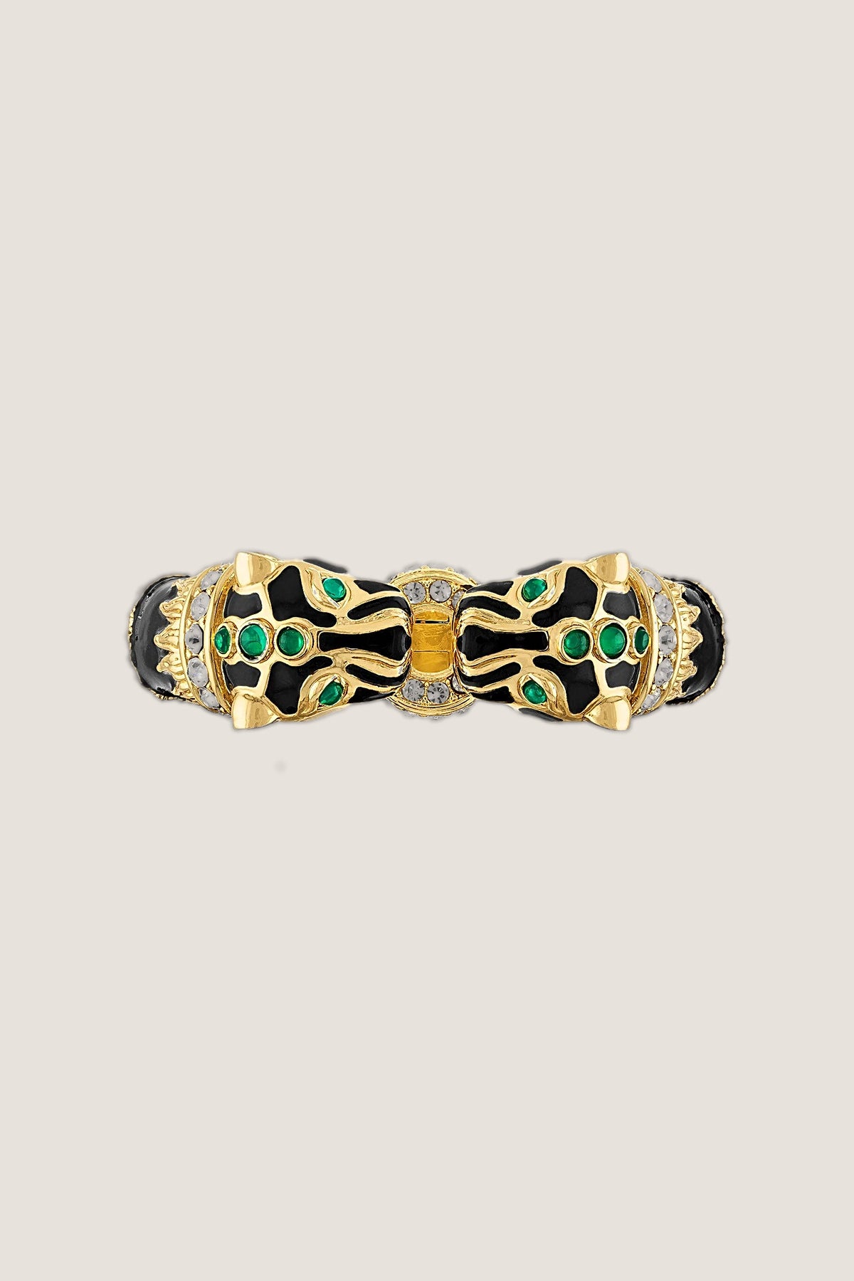 Black enamel double panther bracelet from above, both panther heads facing each other.
