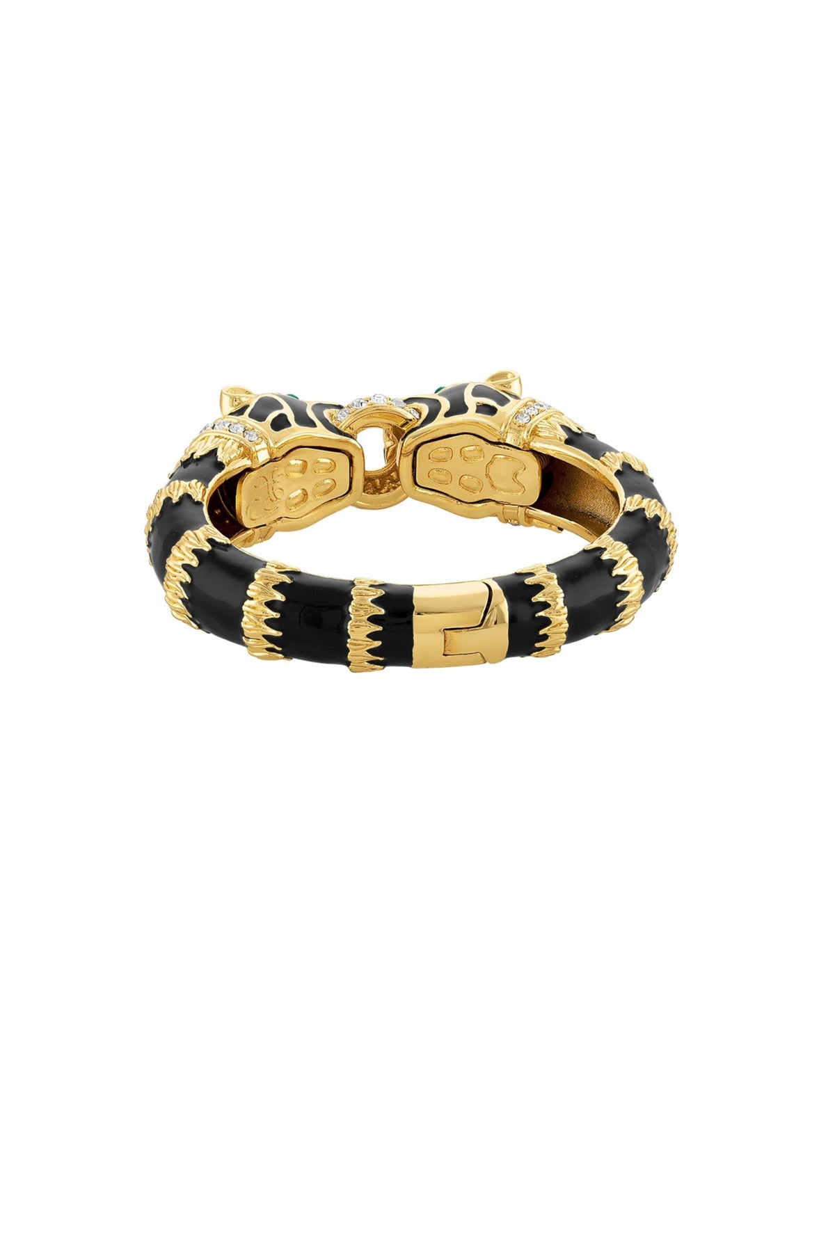 A gold and black striped bracelet with a lobster clasp, photographed on a solid white background.