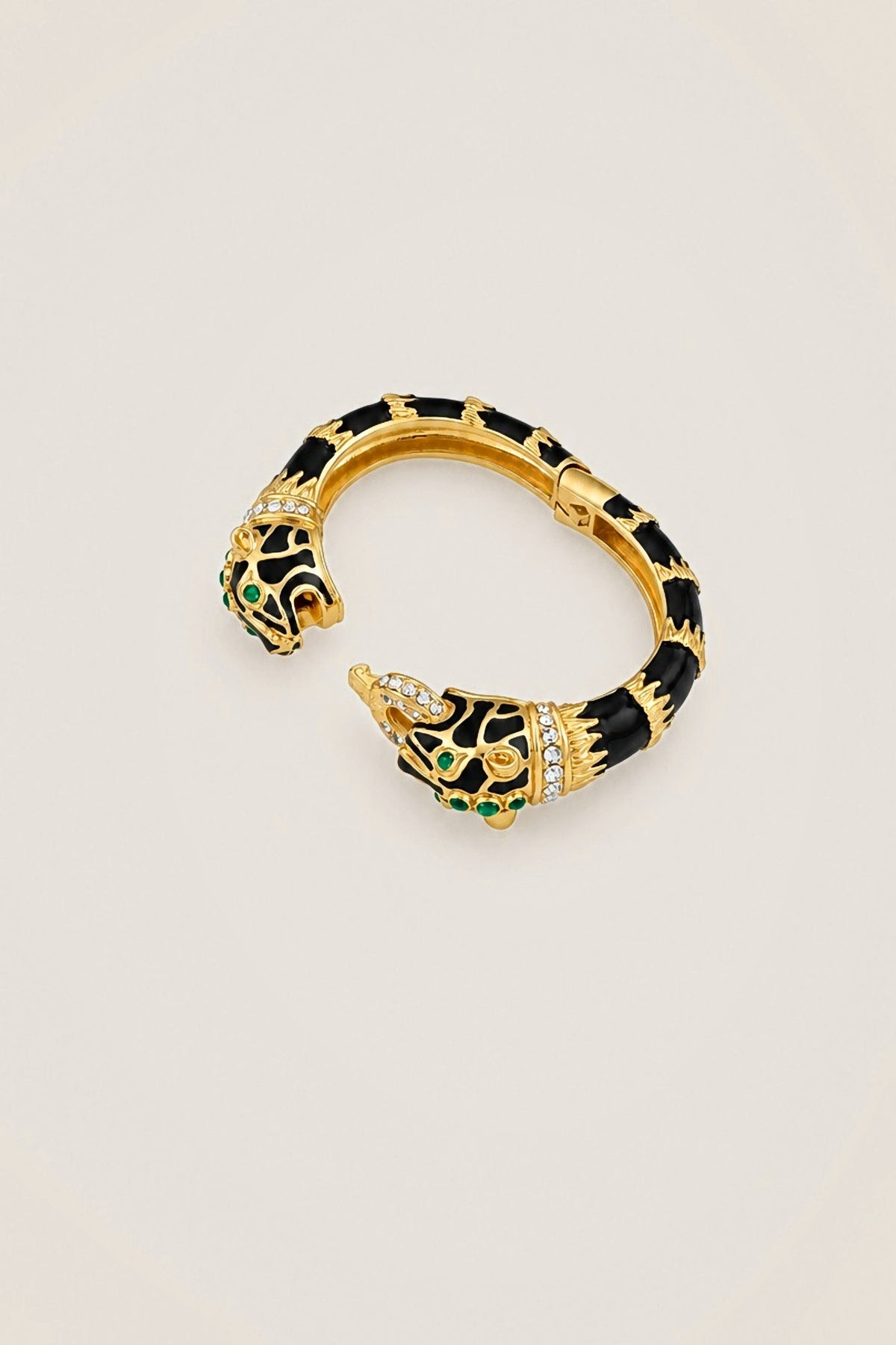 Black Enamel Double Panther Bracelet hinged open, showing how the bangle opens to slip on.
