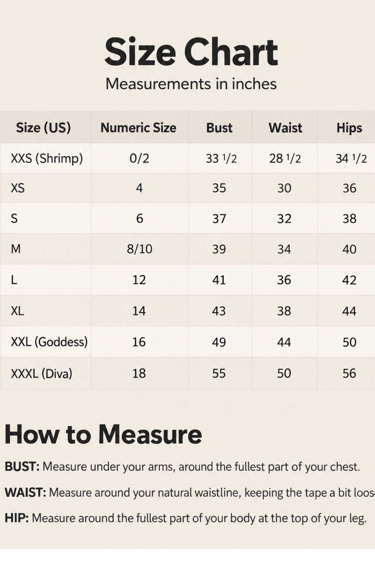 A size chart and measurement guide for apparel, showing a size table with columns for Size (US), Numeric Size, Bust, Waist, and Hips, plus a 'How to Measure' section with body measurement instructions.