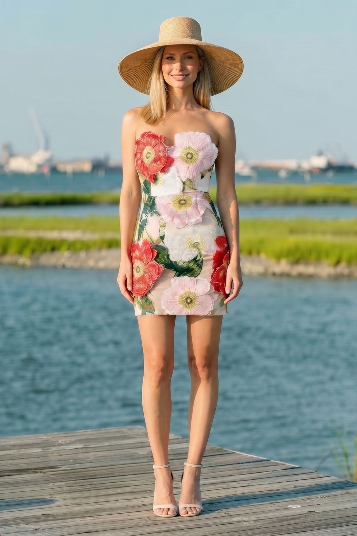 A woman stands on a wooden dock by the water wearing a strapless mini dress with large 3D floral appliqués in pink, red, and white with green leaves, along with a wide-brimmed straw hat and clear high-heeled sandals.