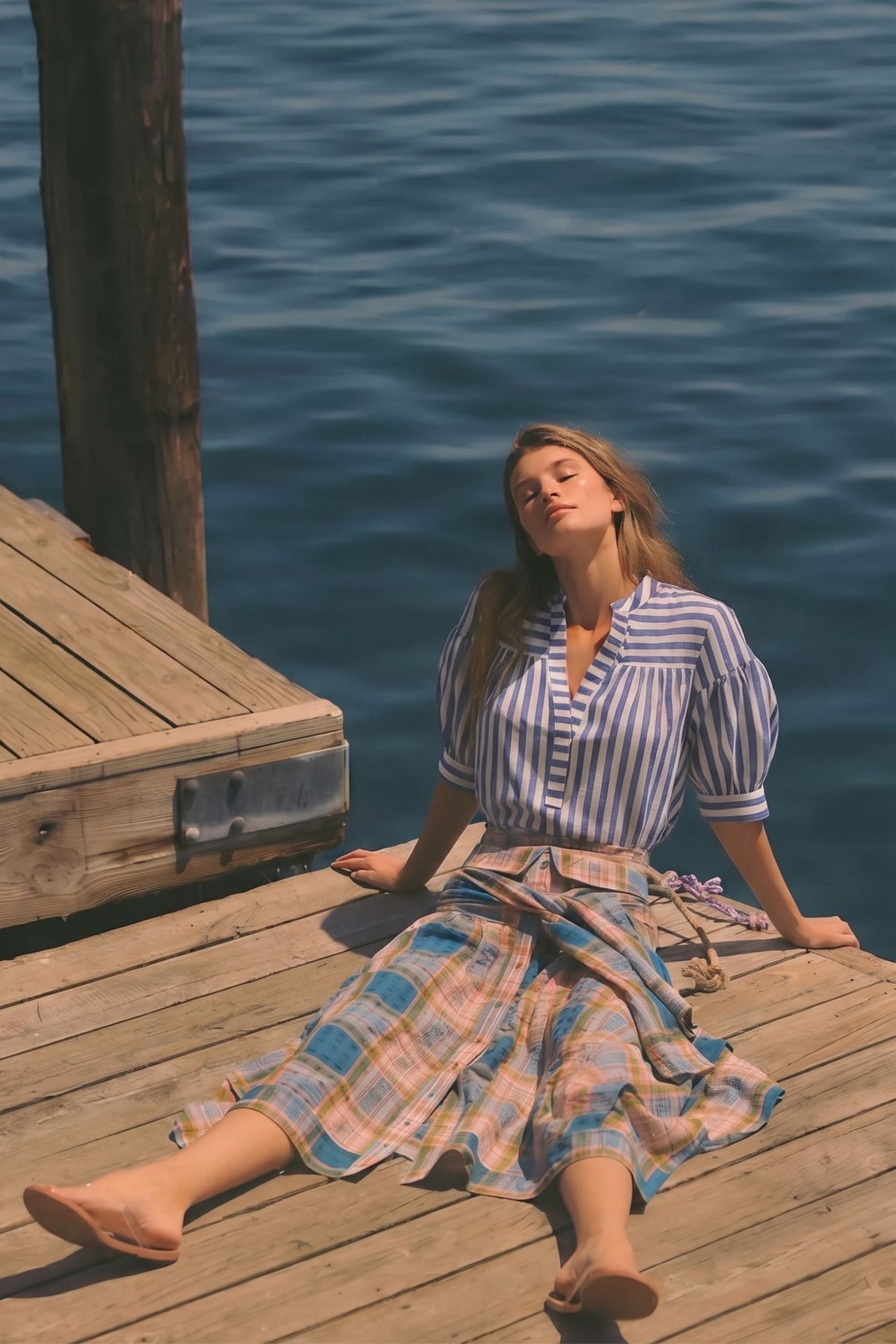 A woman sits on a wooden dock by the water, wearing a blue and white striped short-sleeve blouse with a matching plaid skirt in blue, orange, and beige tones.