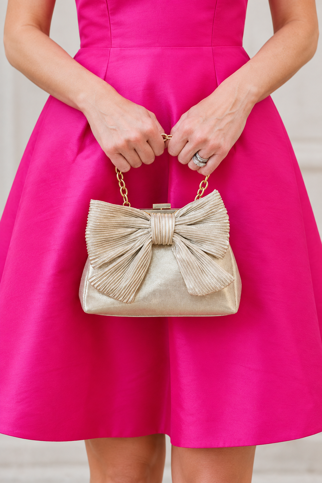 Samantha Bag | Metallic Bow Clutch with Convertible Chain Strap