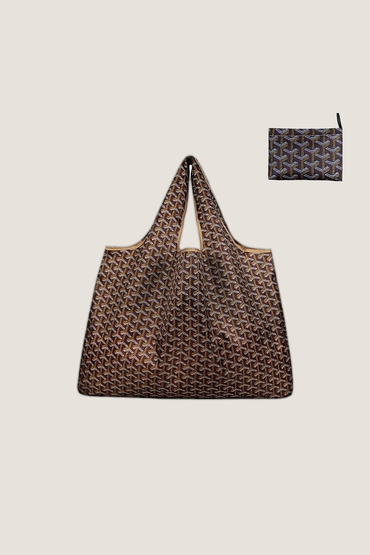 The brown Eco-Friendly Pocket Tote, open, with the small flat pouch it folds into.