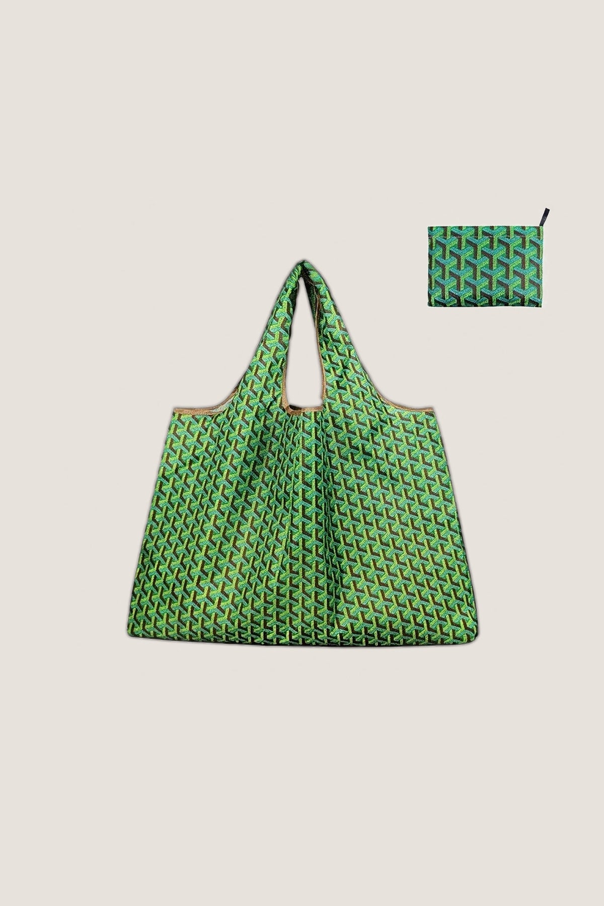 The green Eco-Friendly Pocket Tote, open, with the small flat pouch it folds into.