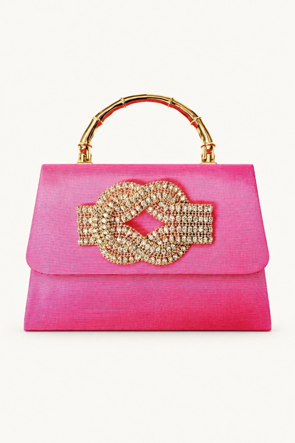 Pink Lulu Rhinestone Knot w/ Gold Bamboo Handle Clutch