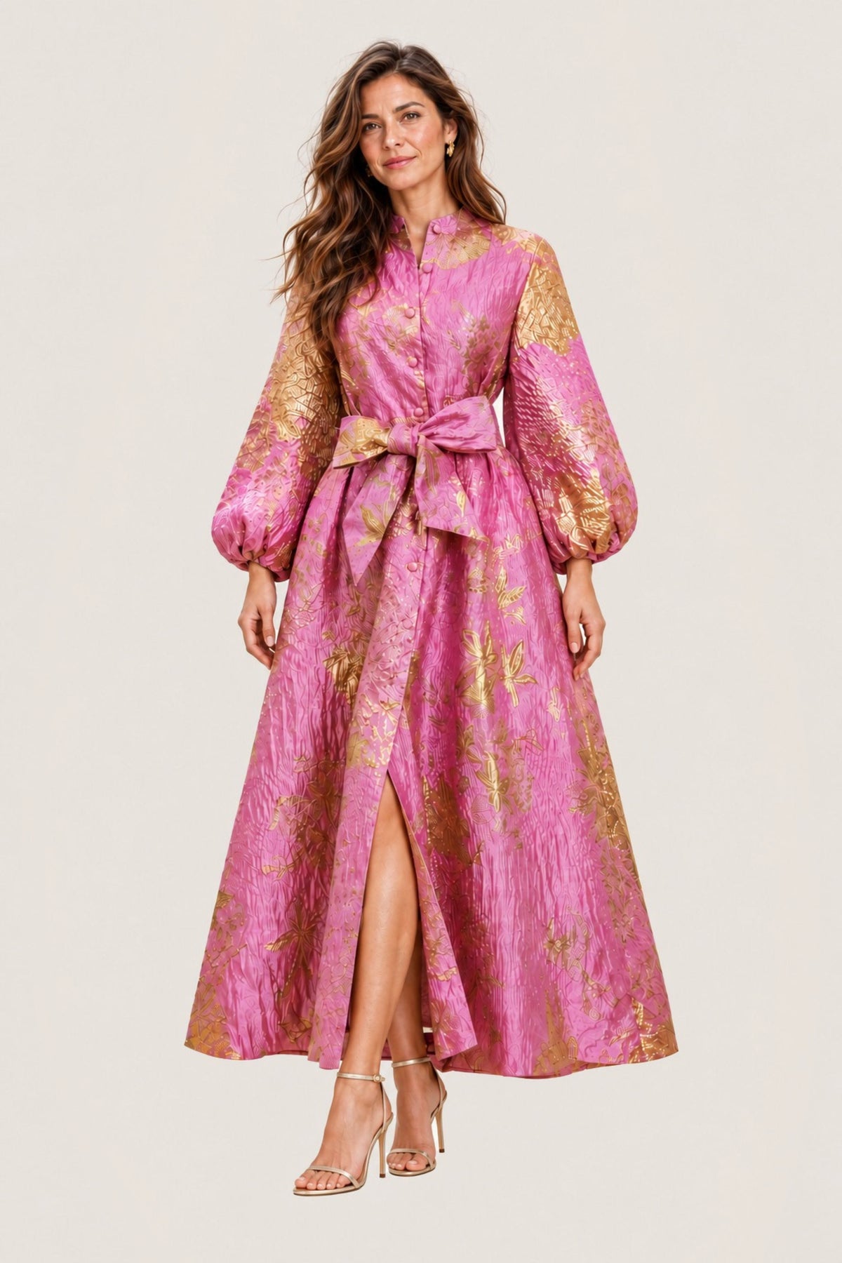 Pink & Gold Floral Brocade Maxi Dress