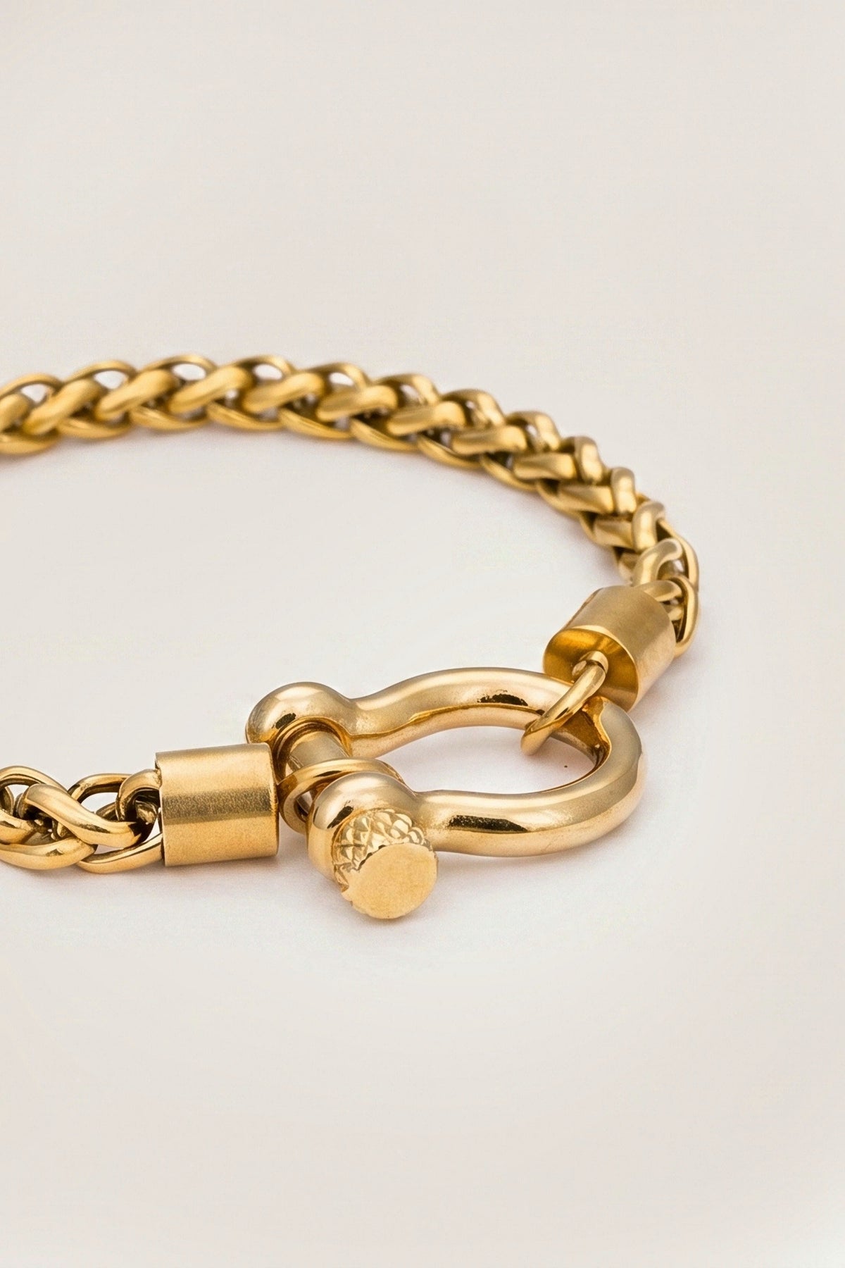 Close-up of the Horse Bit Carabiner Charm Bracelet shackle, screw head and gold wheat chain.