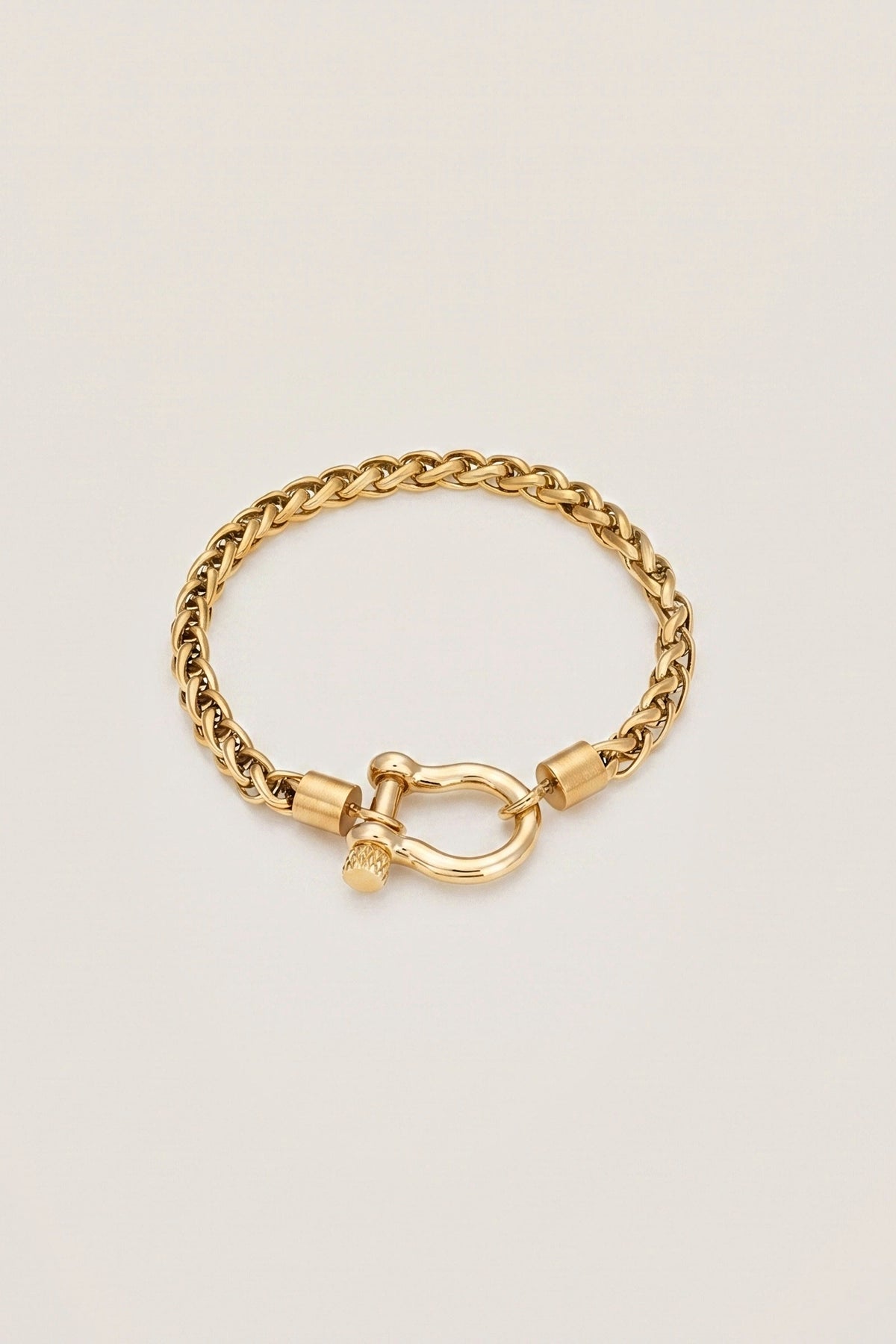 Horse Bit Carabiner Charm Bracelet, a gold wheat chain in 14K gold PVD over stainless steel with a horse bit shackle closure, on a warm greige backdrop.