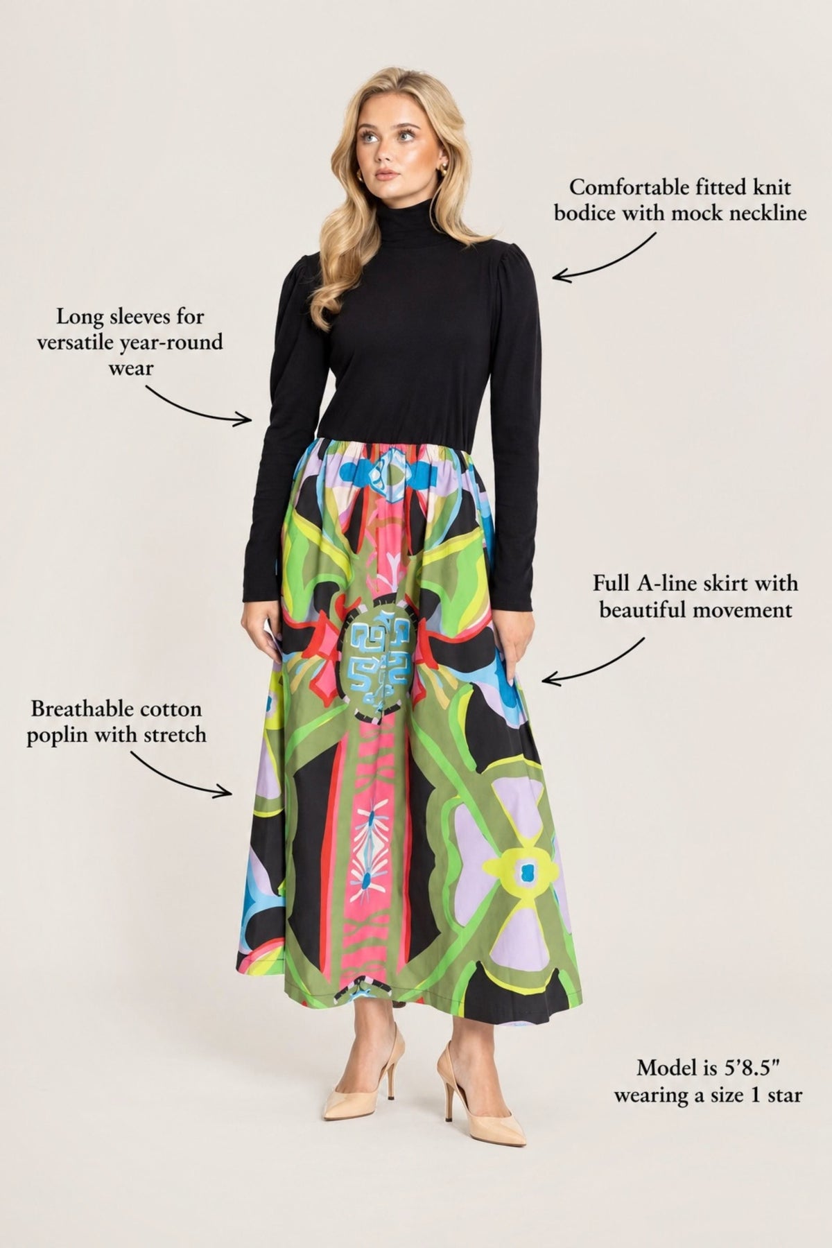 A woman modeling a black mock-neck knit bodysuit and a colorful printed full A-line skirt with text callouts describing the features of both garments against a plain light background.