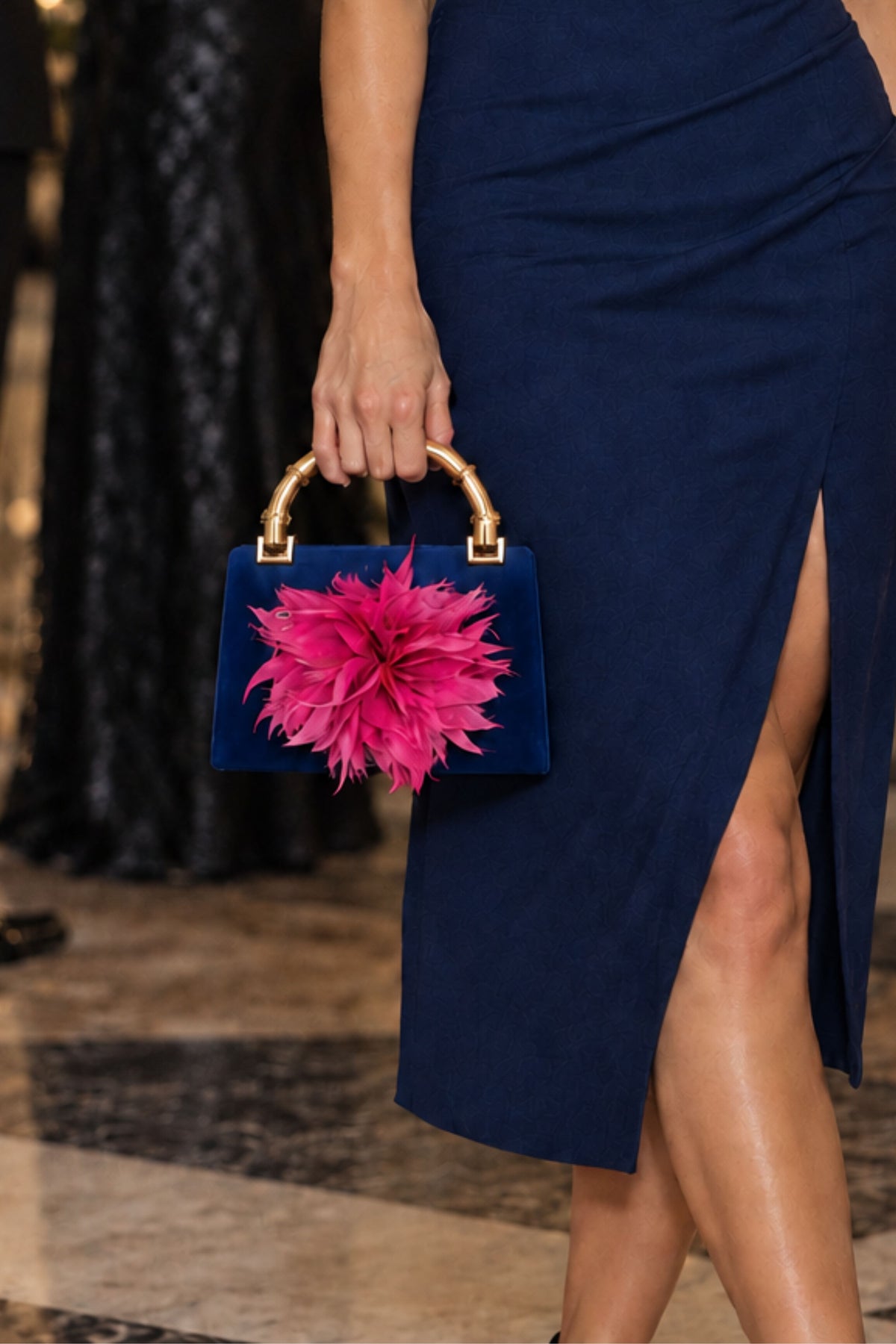 Navy Blue Lulu Clutch with Fuschia Feather Plume