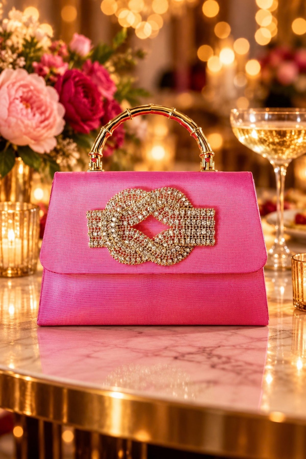 Pink Lulu Rhinestone Knot w/ Gold Bamboo Handle Clutch