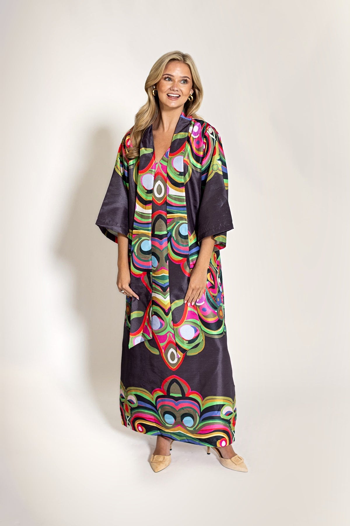 The Merriweather Darling Dress worn reversed with the tie in front, its second way to wear it.