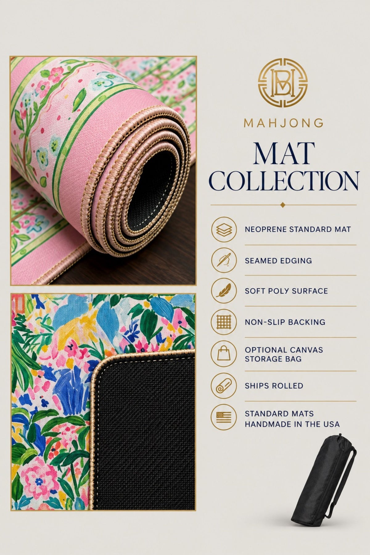 Promotional graphic for the Mahjong Mat Collection showing rolled and flat views of colorful floral neoprene mats, a close-up of a black textured corner, and a black carrying case on a light beige background with product feature callouts.