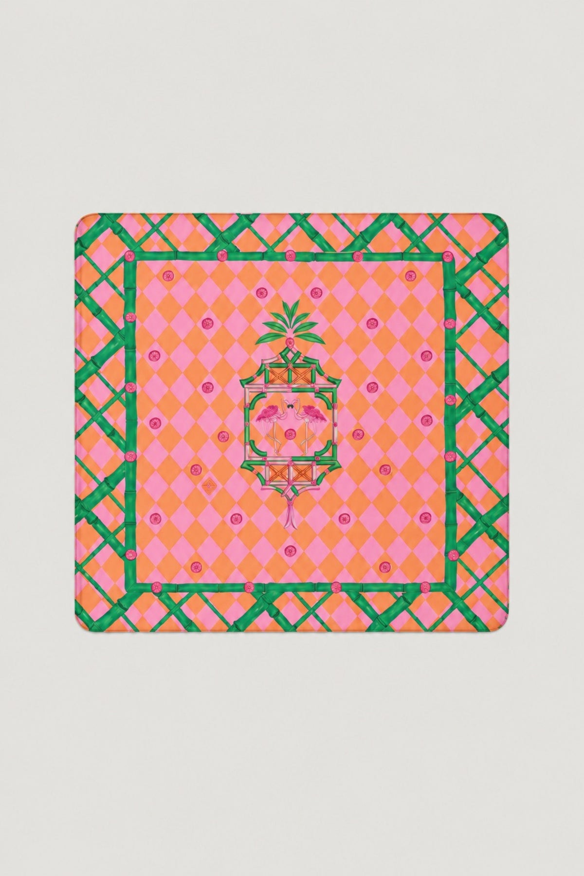 A square decorative mahjong 31" mat featuring a pink and orange diamond pattern with a green border and a central green and pink floral crest, shown on a light gray background.