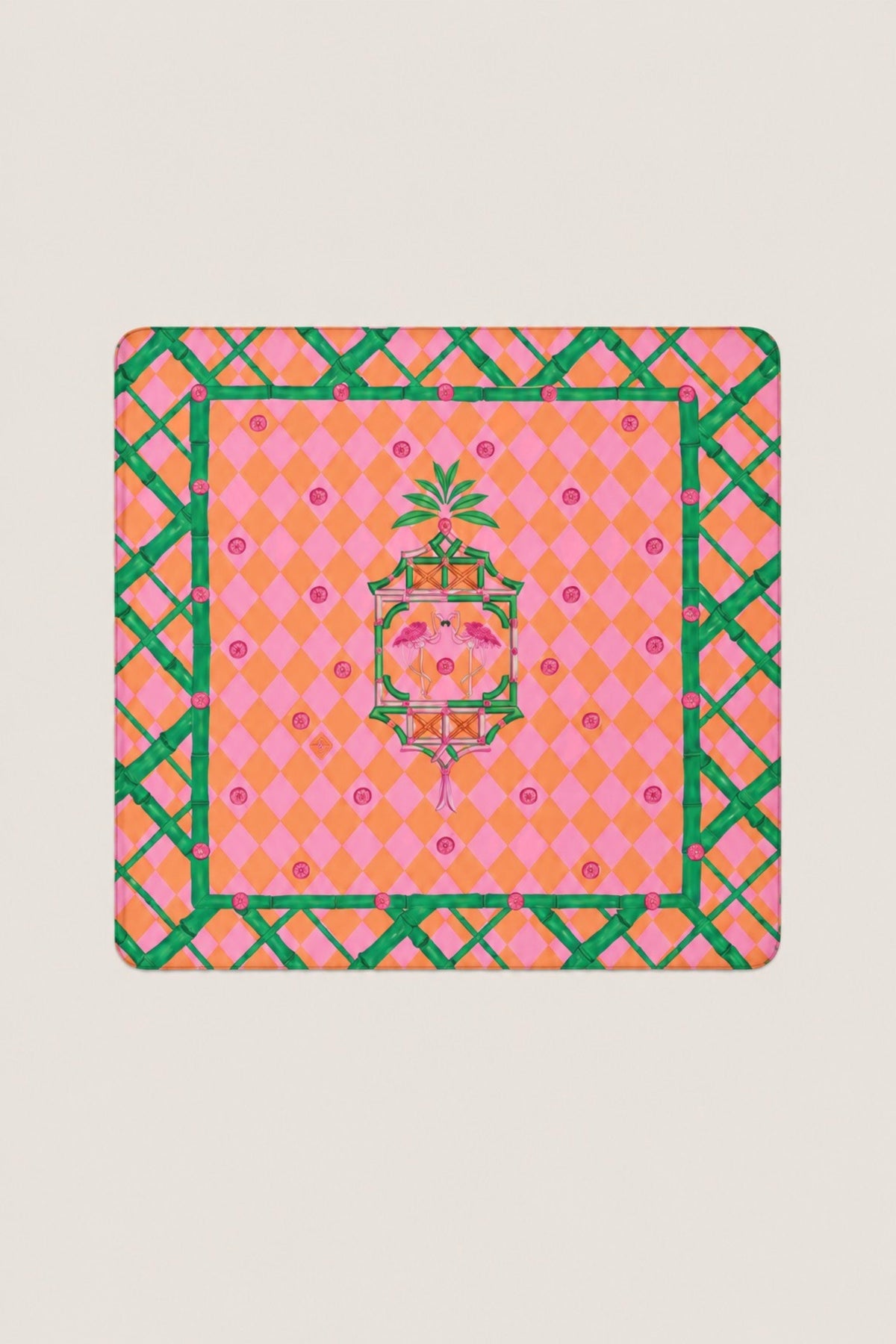 A square decorative mahjong 31" mat featuring a pink and orange diamond pattern with a green border and a central green and pink floral crest, shown on a light gray background.