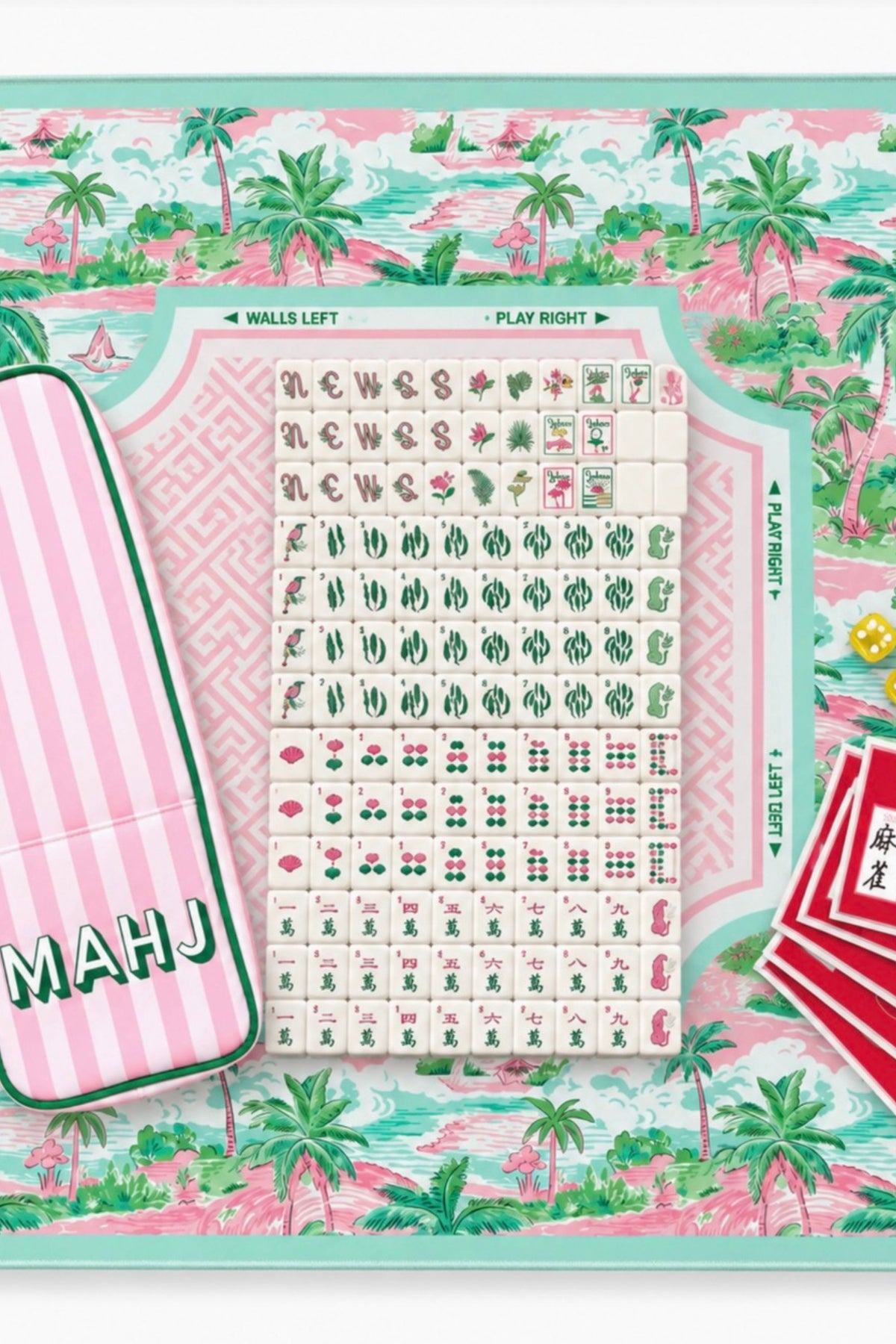 A styled view of a mahjong mat with palm trees and tiles on a board.