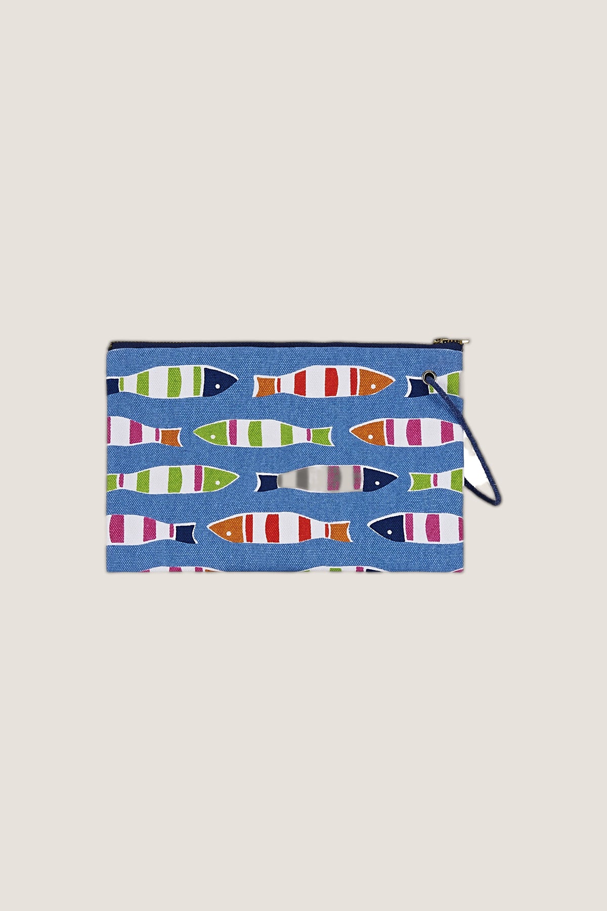 The Picket Fish Wristlet by Kate Nelligan from the front, rows of colourful striped fish on blue, with its wrist strap.