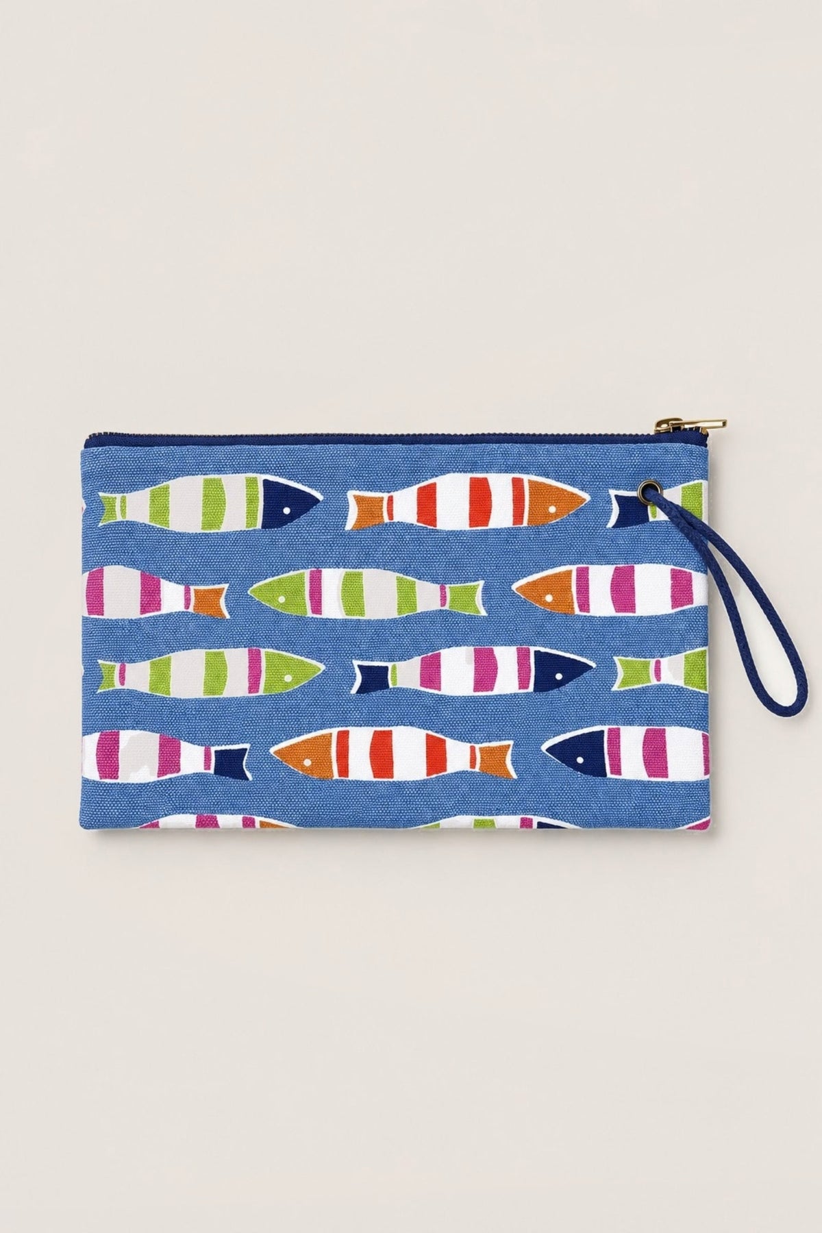 The Picket Fish wristlet in blue with rows of striped fish and a navy wrist strap, shown from the front.