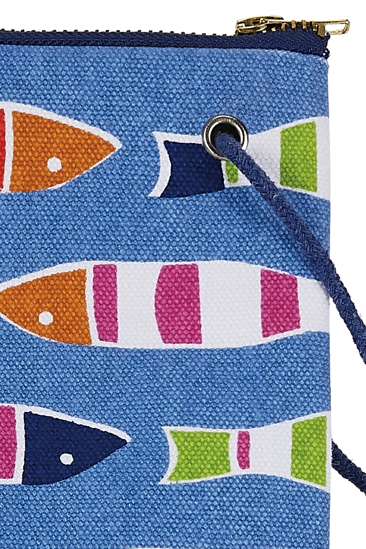 A close-up of the Picket Fish wristlet showing the grommet, navy wrist strap and brass zip pull.