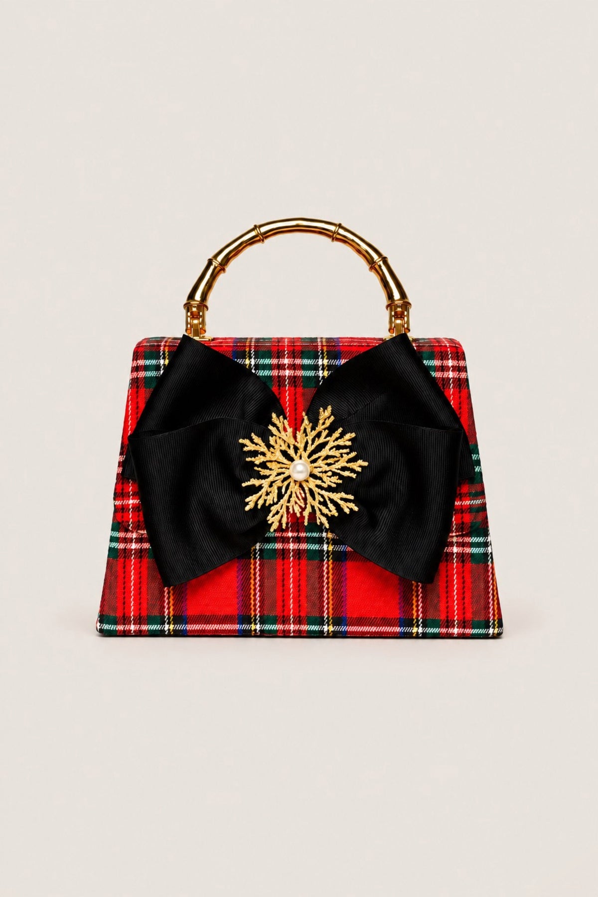 Plaid Lulu with Gold Bamboo Handle and Black Bow Clutch