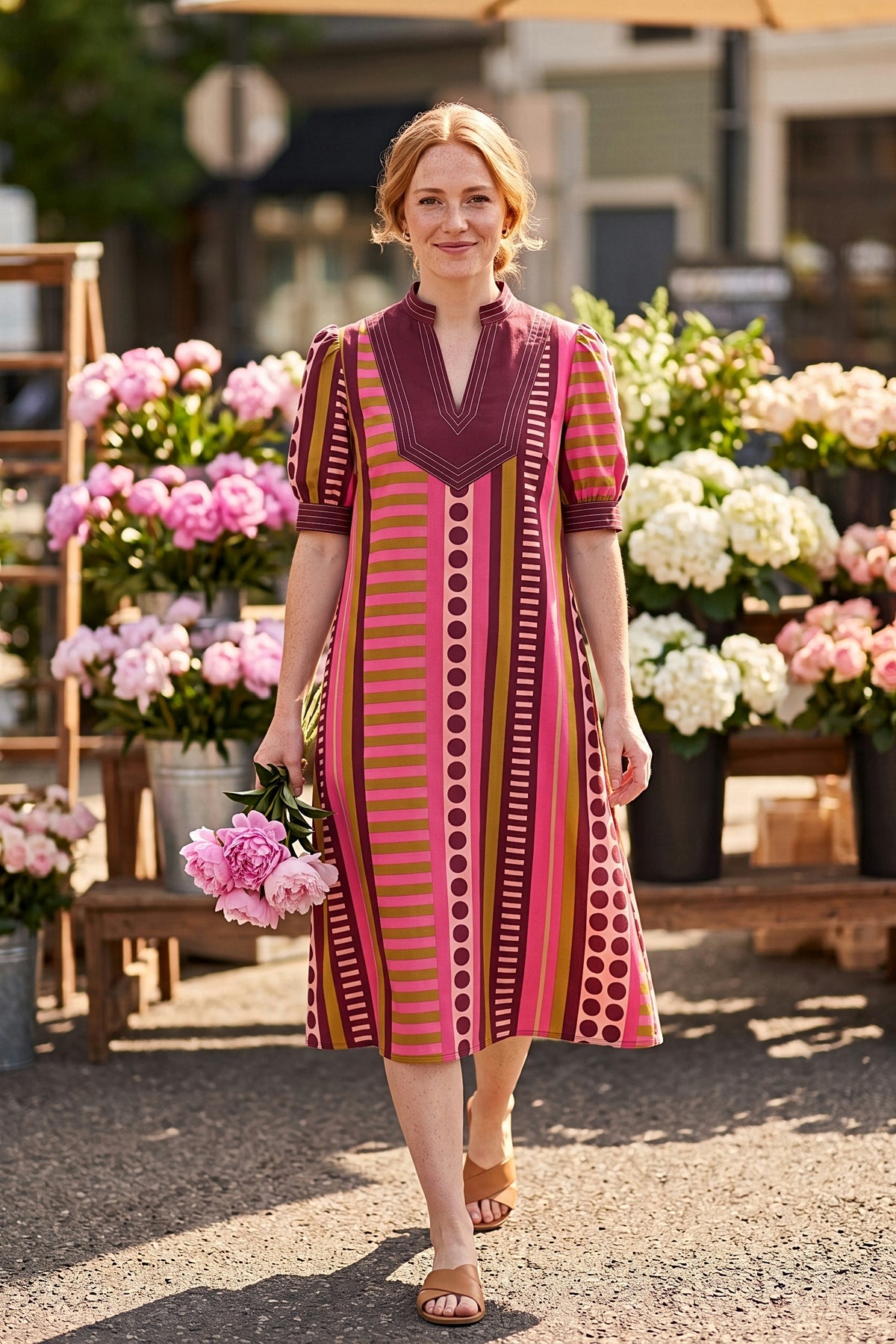 A woman walks through a flower market in the pink, olive and burgundy striped midi dress with puff sleeves.