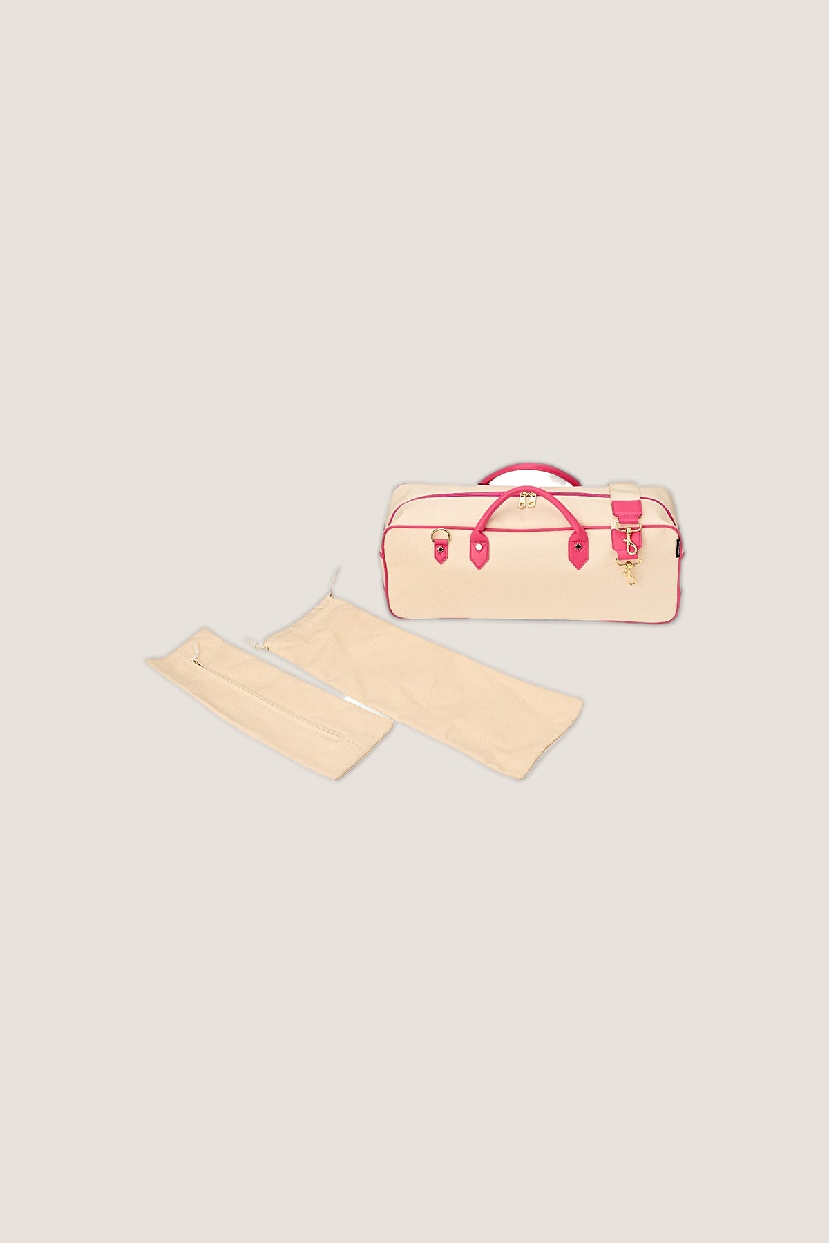 The Raspberry Margo mahjong tote with its included zippered tile bag and drawstring rack bag.