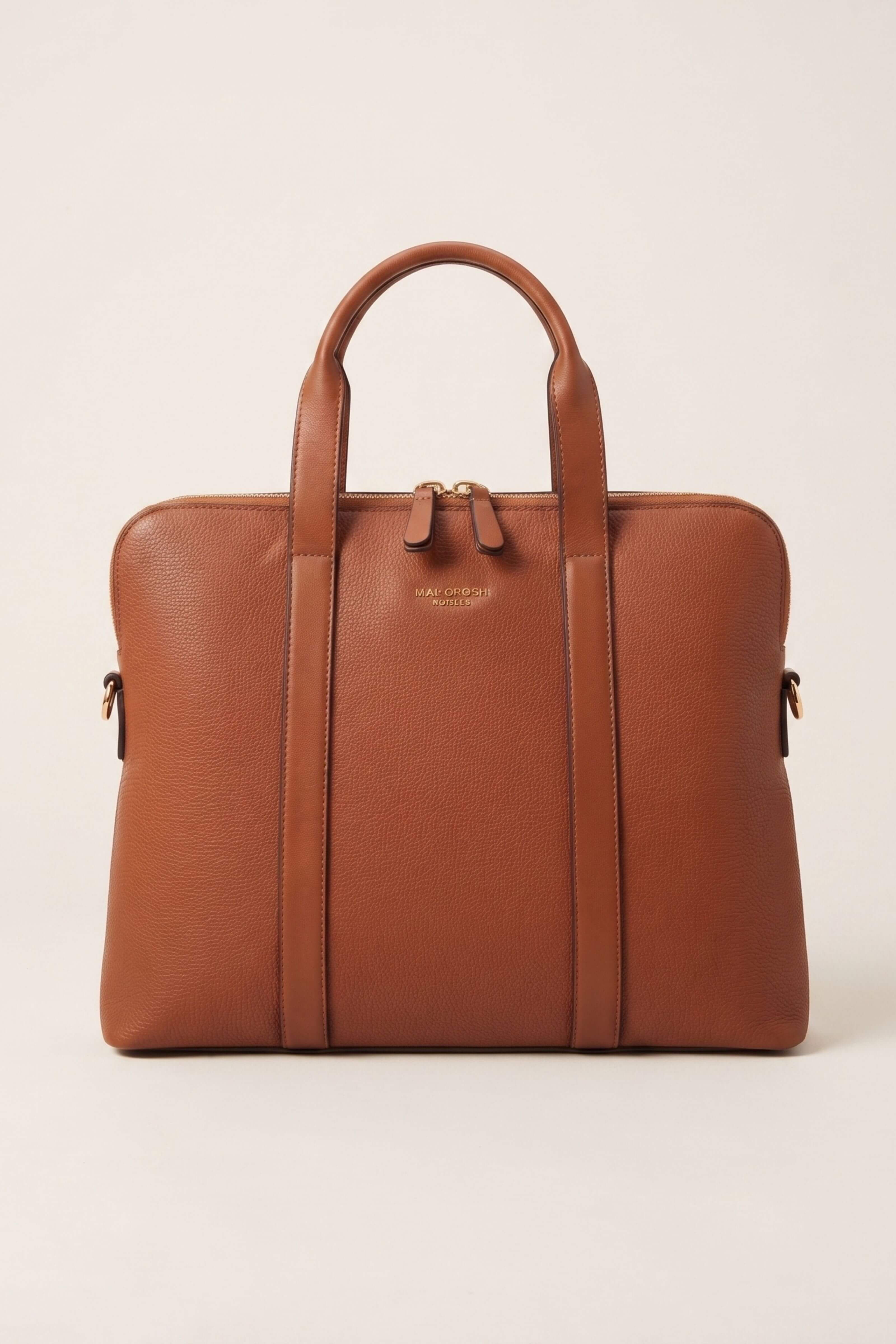 A structured brown leather briefcase with top handles, side pockets, and a small gold-tone logo plaque on the front, photographed against a clean off-white background.