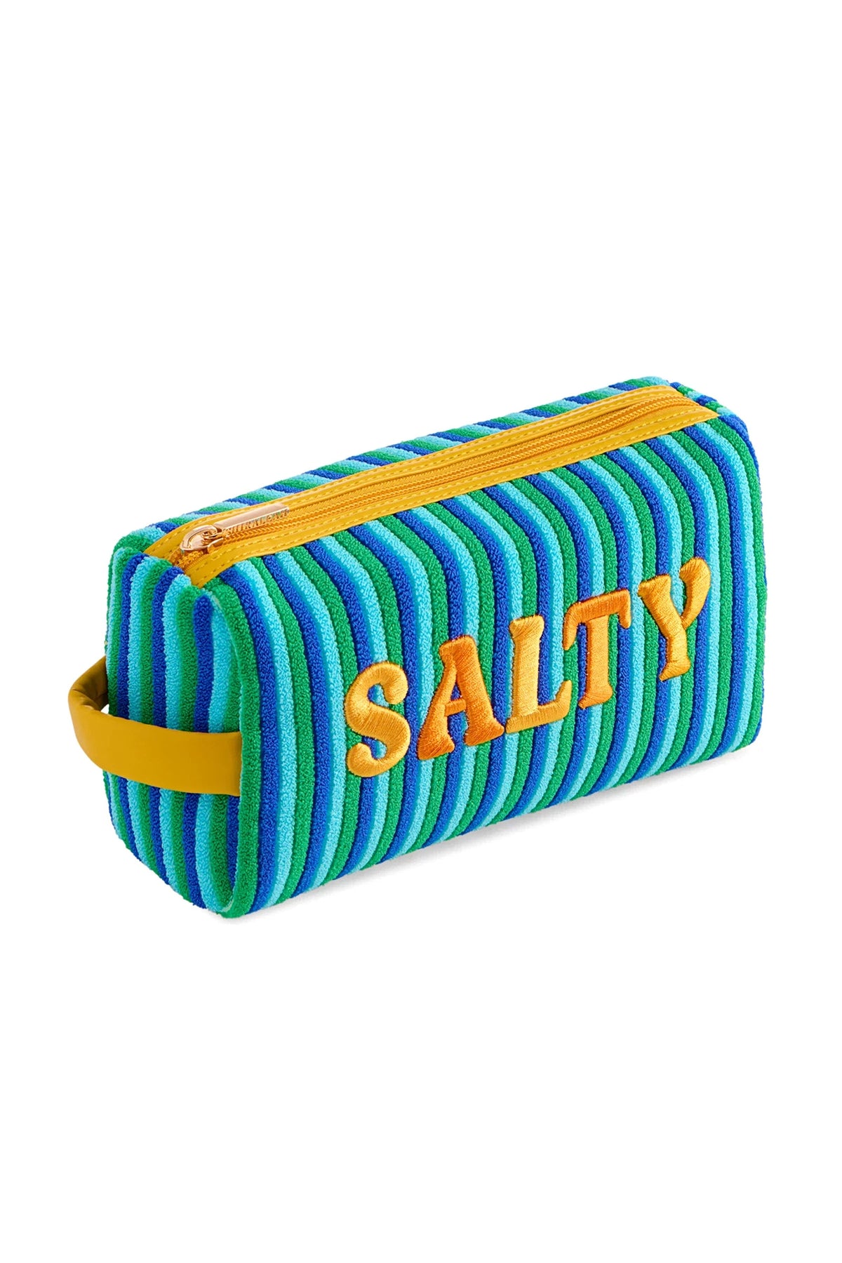 Salty small zip pouch in blue and green stripes with orange 'SALTY' lettering and a yellow side handle.