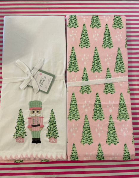 Set of 2 NUTTY OR NICE Nutcracker 100% Cotton PINK & TURQUOISE Kitchen  Towels