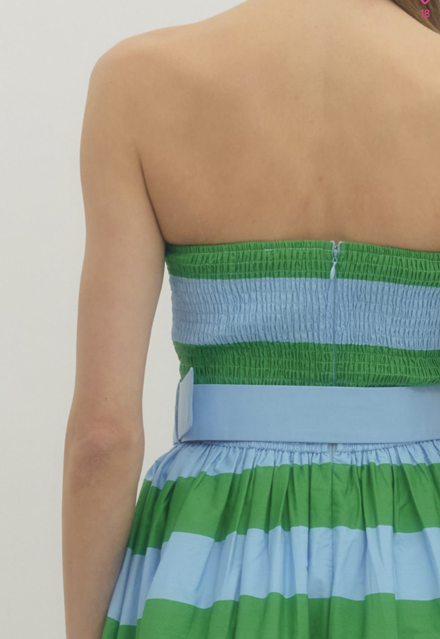 Palm Beach Stripe Strapless Midi Dress – Green & Blue