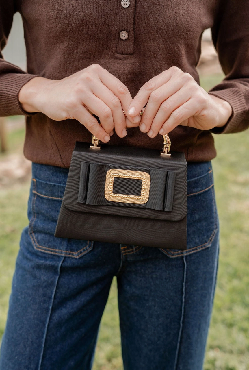 Black Lulu Bamboo Handle Bag with Bow