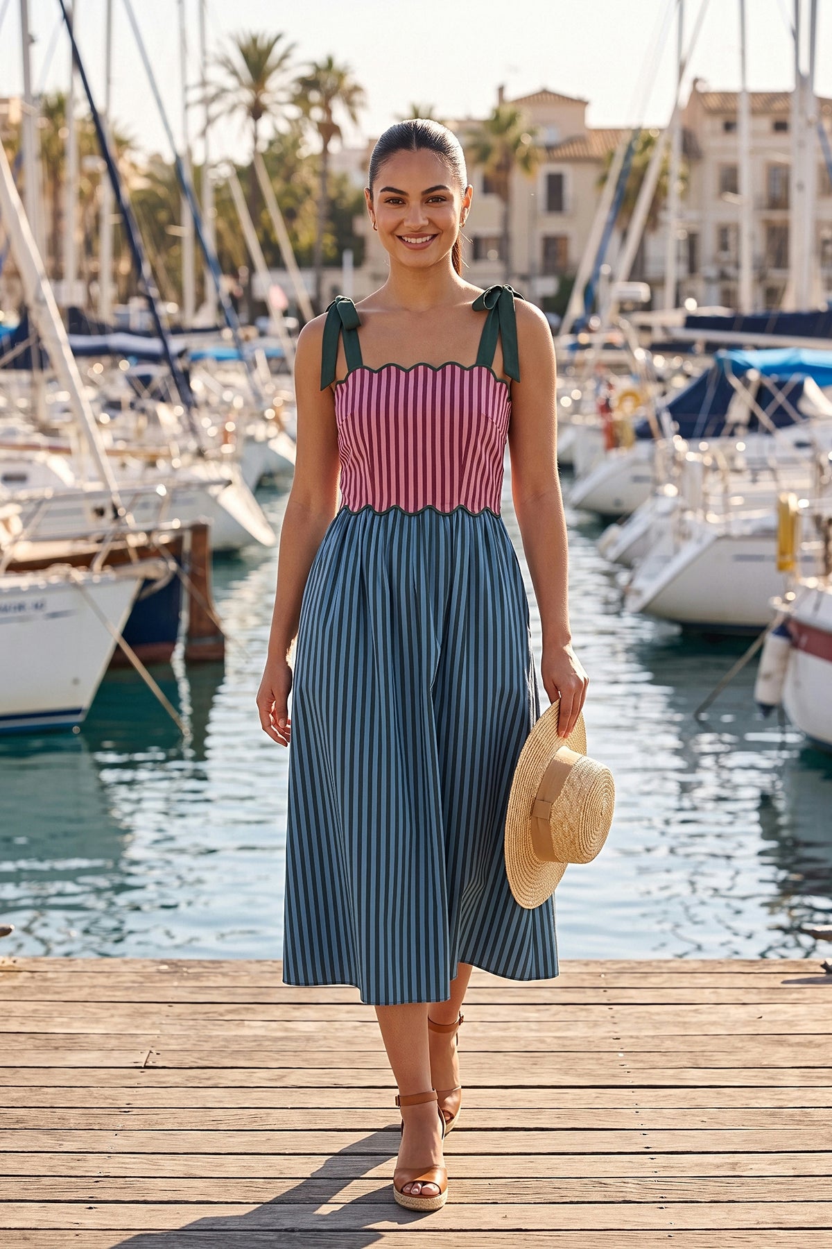 A woman walks along a harbour dock in the Bordeaux Garden scallop midi dress, holding a straw hat.