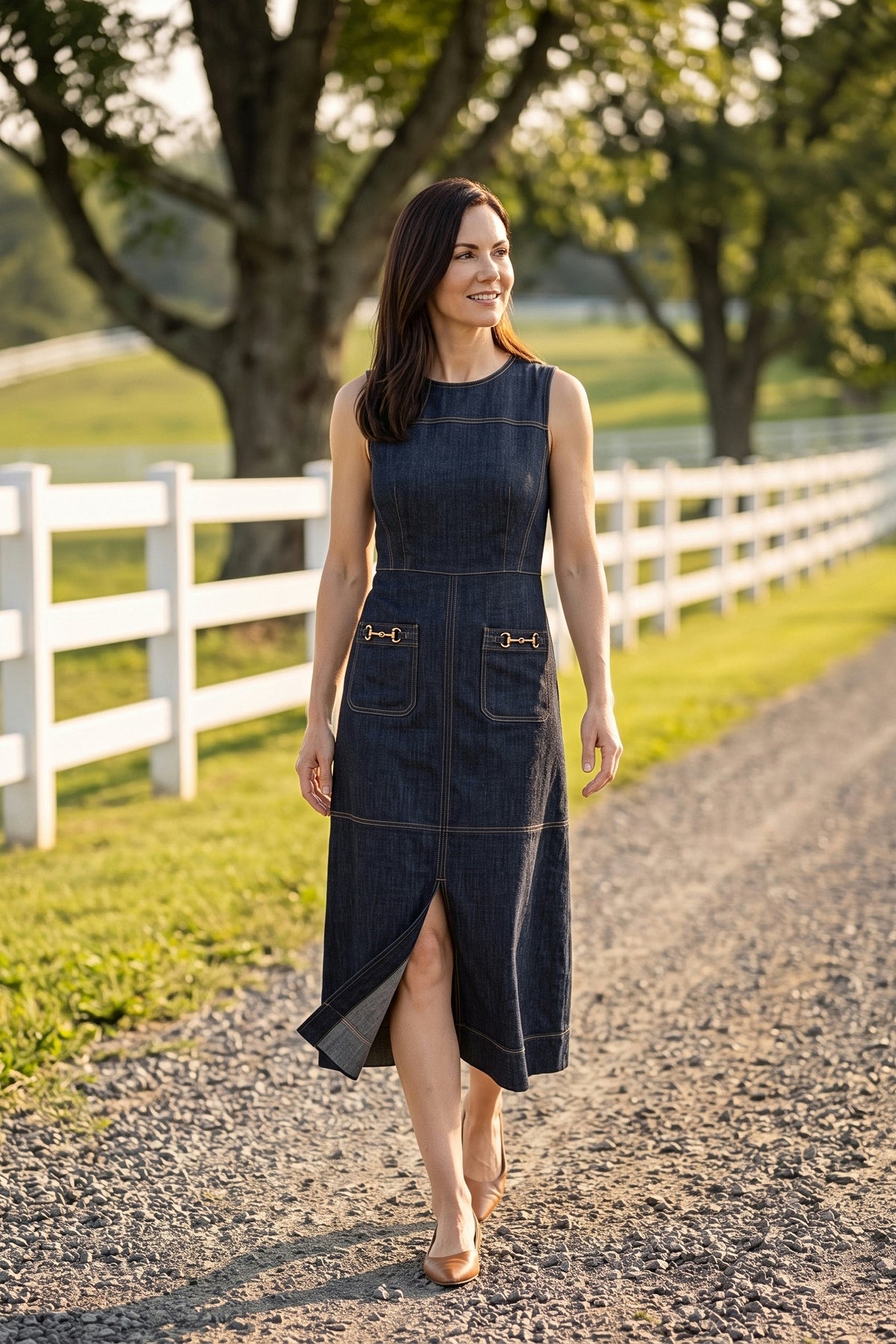 A woman walks along a gravel lane beside a white paddock fence in the dark denim midi dress with gold horsebit pockets.