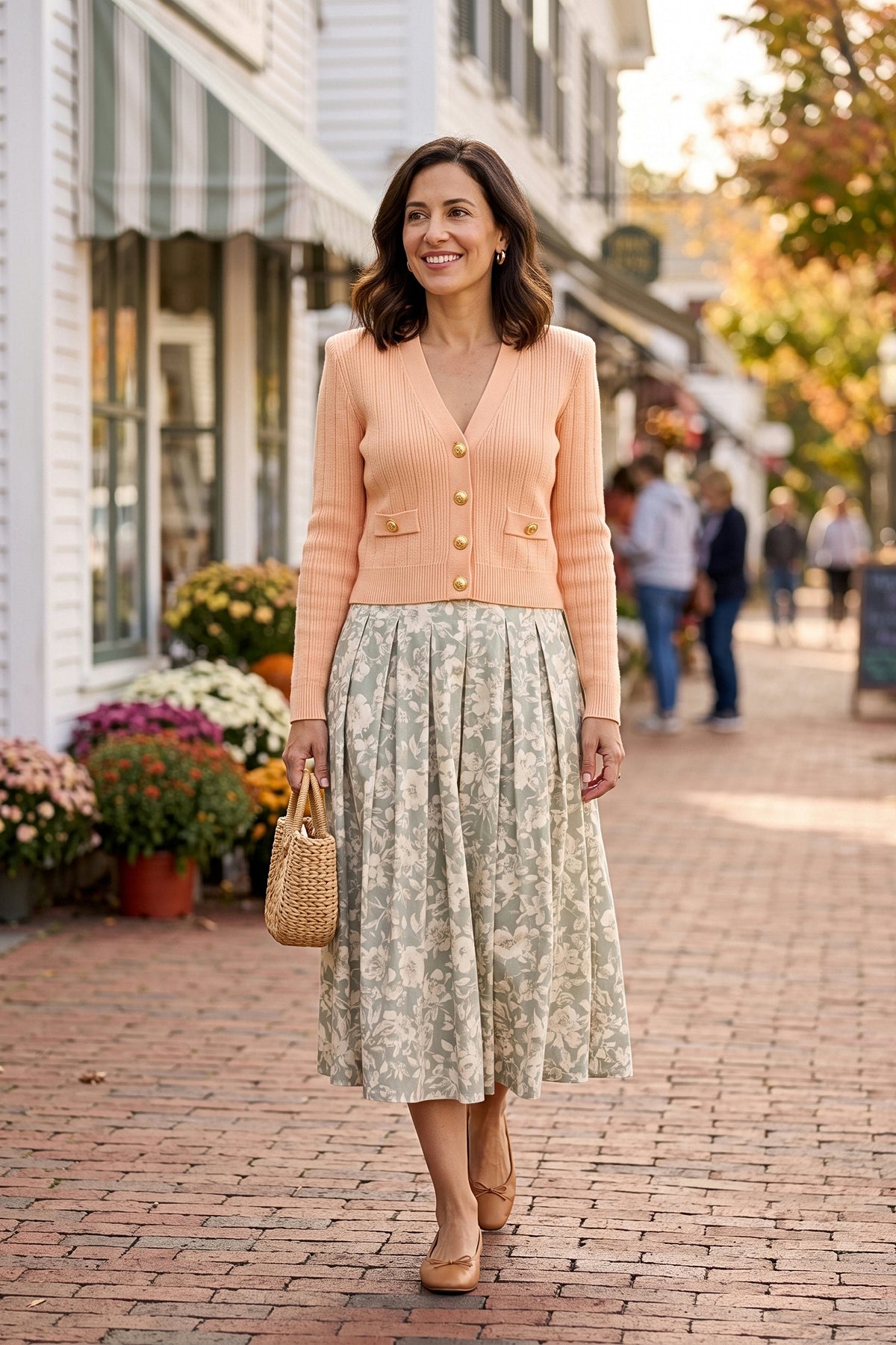 A woman walks along a New England main street in autumn wearing the Timeless Knit Cardigan in peach, buttoned and tucked into a sage floral pleated midi skirt.
